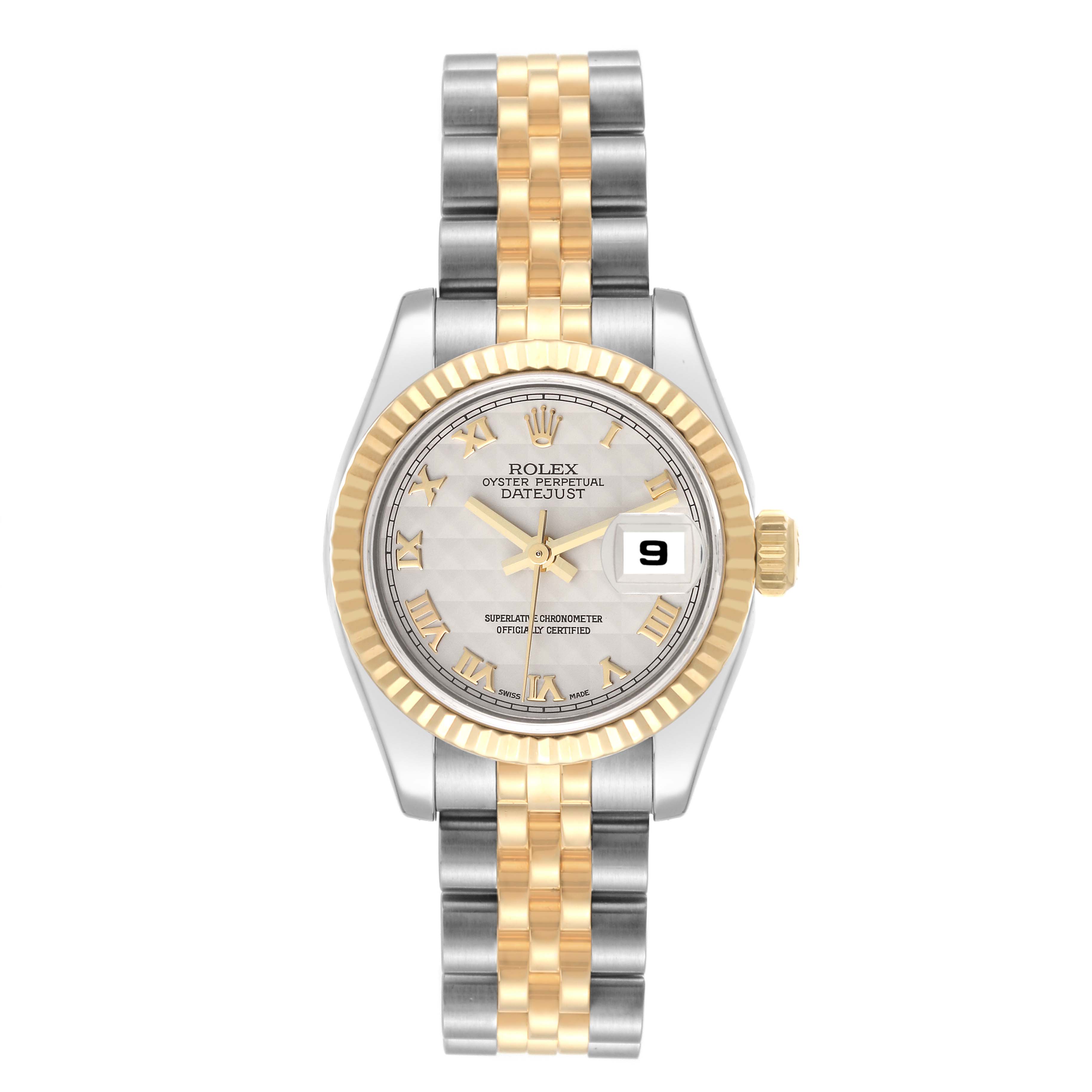 This image shows a front view of a Rolex Datejust 179173 Women's Steel and Gold (two tone) Beige Dial 179173 Women's Steel and Gold (two tone) Beige Dial watch, showcasing the dial, bezel, and two-tone bracelet.