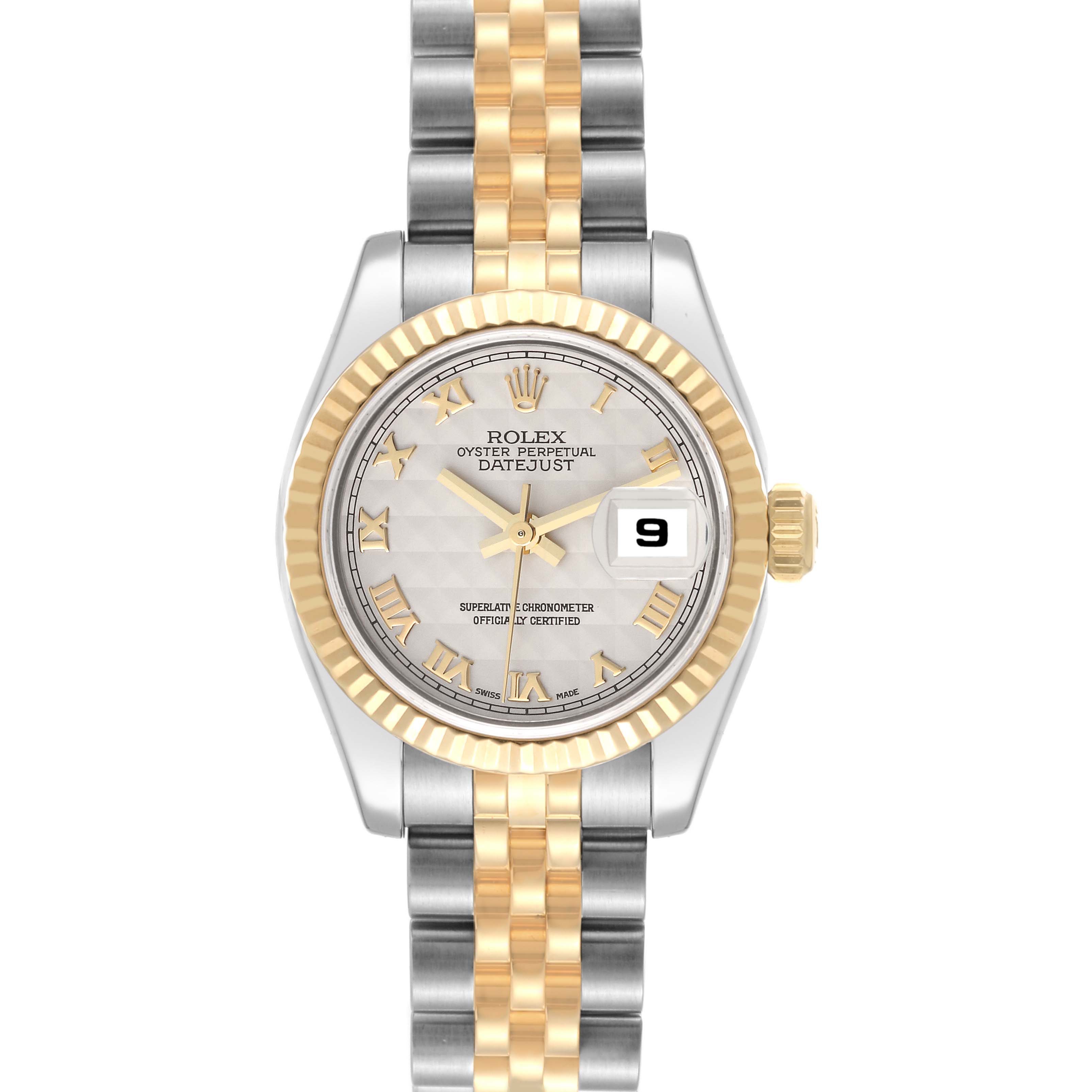 The image shows a front view of a Rolex Datejust 179173 Women's Steel and Gold (two tone) Beige Dial 179173 Women's Steel and Gold (two tone) Beige Dial watch featuring a two-tone bracelet and a fluted bezel.