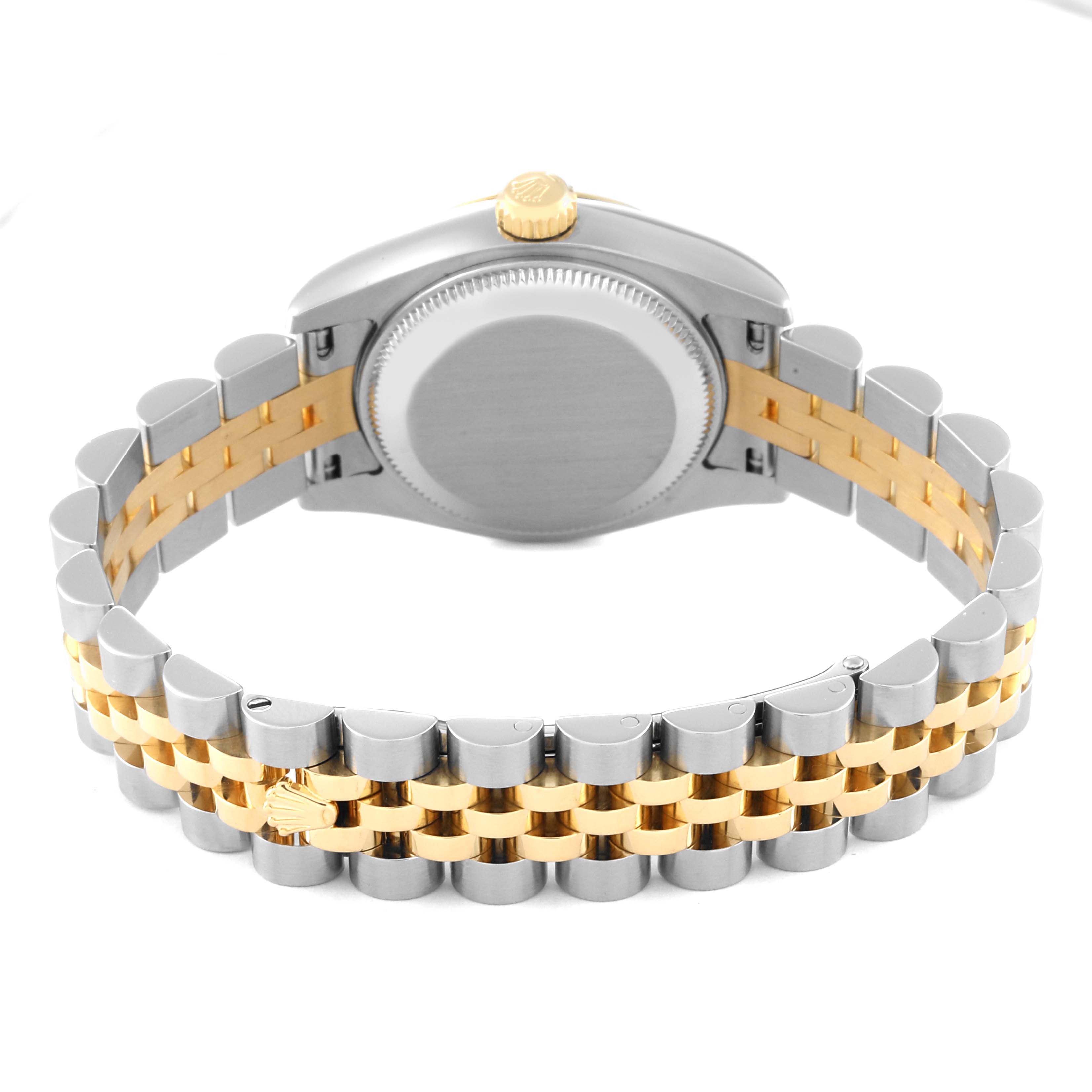 The image shows the back view of a Rolex Datejust 179173 Women's Steel and Gold (two tone) Beige Dial 179173 Women's Steel and Gold (two tone) Beige Dial watch, focusing on its metal case and two-tone bracelet.