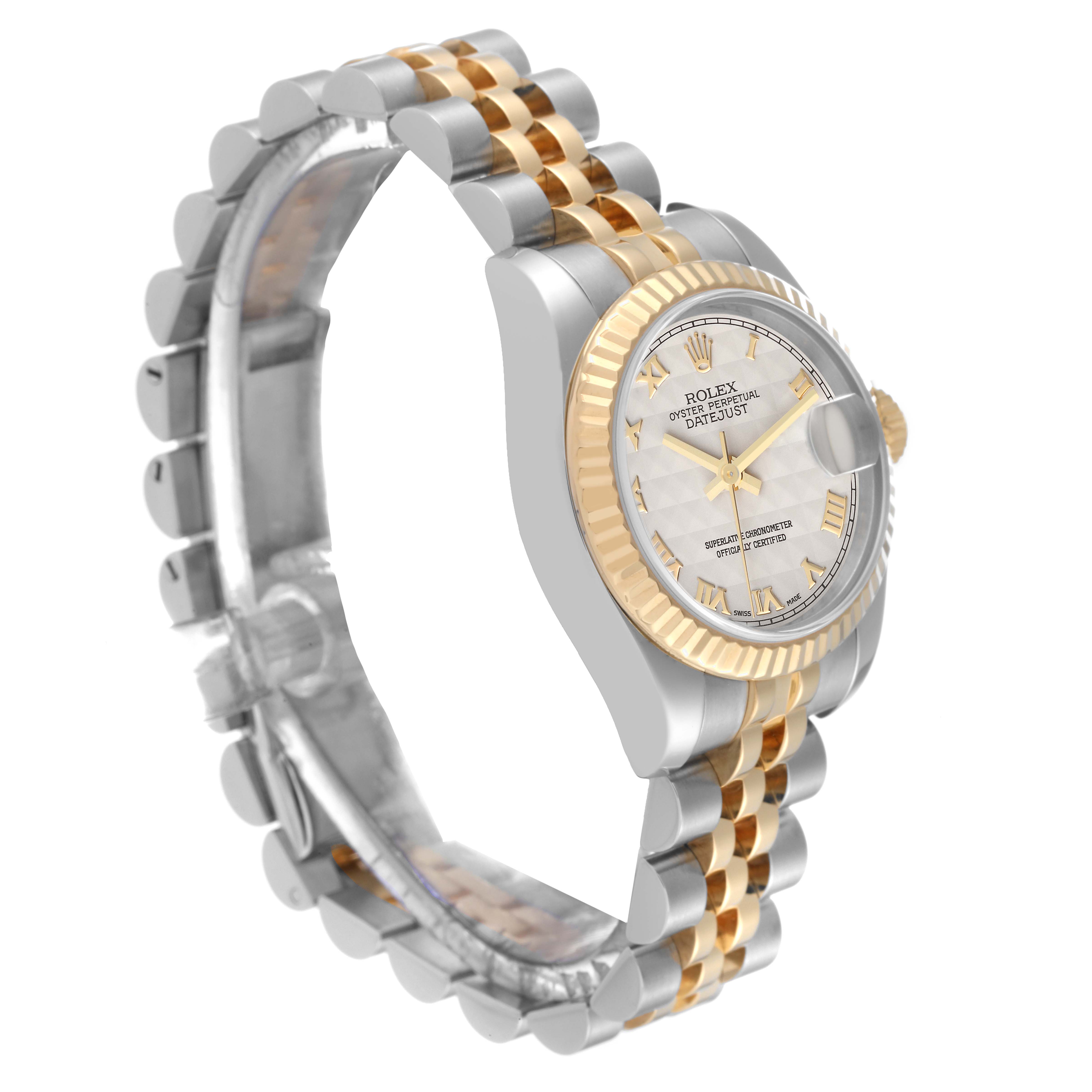 The image shows a side angle of a Rolex Datejust 179173 Women's Steel and Gold (two tone) Beige Dial 179173 Women's Steel and Gold (two tone) Beige Dial watch, highlighting its two-tone bracelet and fluted bezel.