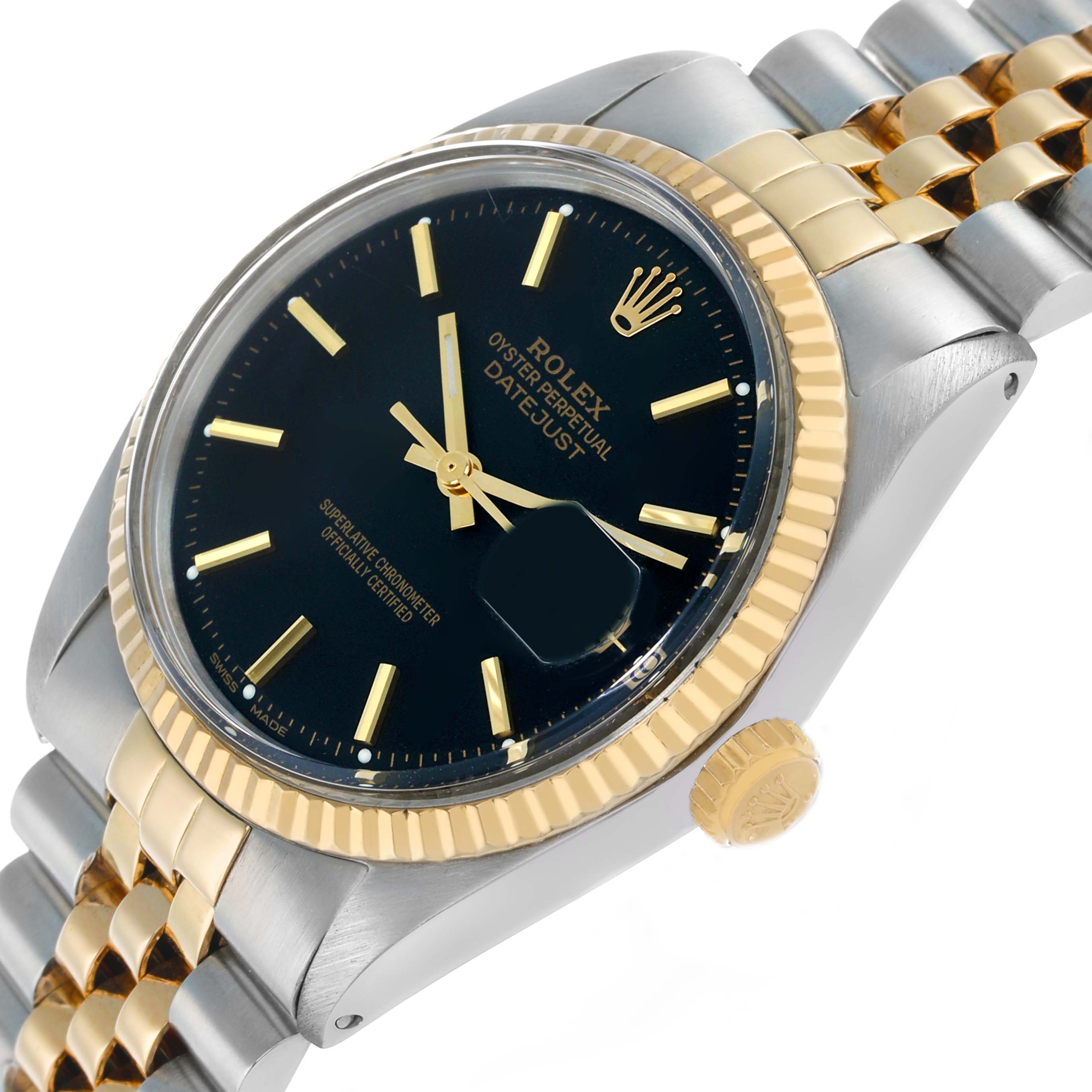 The Rolex Datejust 16013 Men's Steel and Gold (two tone) Black Dial watch is shown from a top side angle, highlighting its gold bezel, crown, and two-tone bracelet.