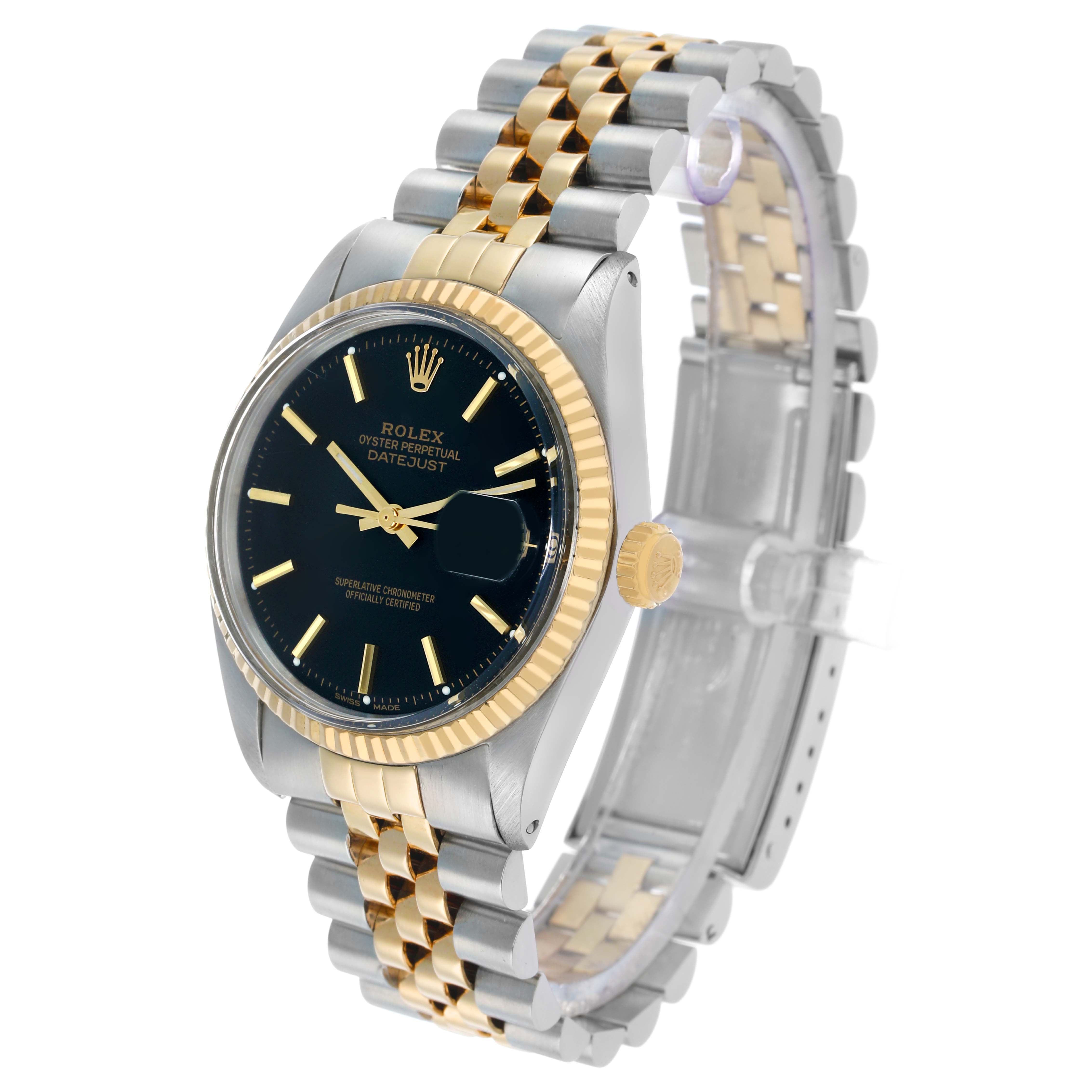 The Rolex Datejust 16013 Men's Steel and Gold (two tone) Black Dial watch is displayed at a three-quarter angle, showing its face, bracelet, crown, and fluted bezel.