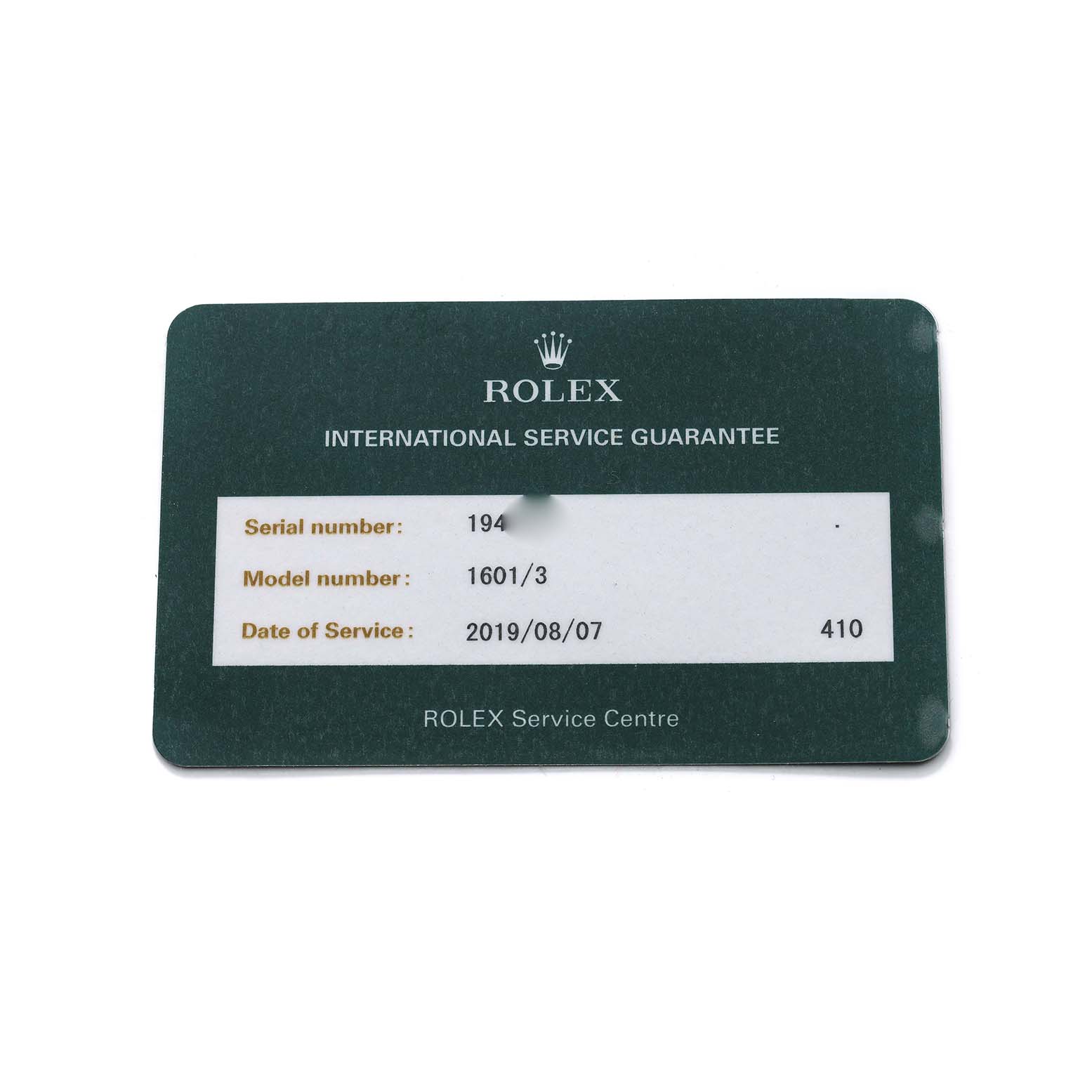 The image shows a Rolex International Service Guarantee card for a Datejust model.
