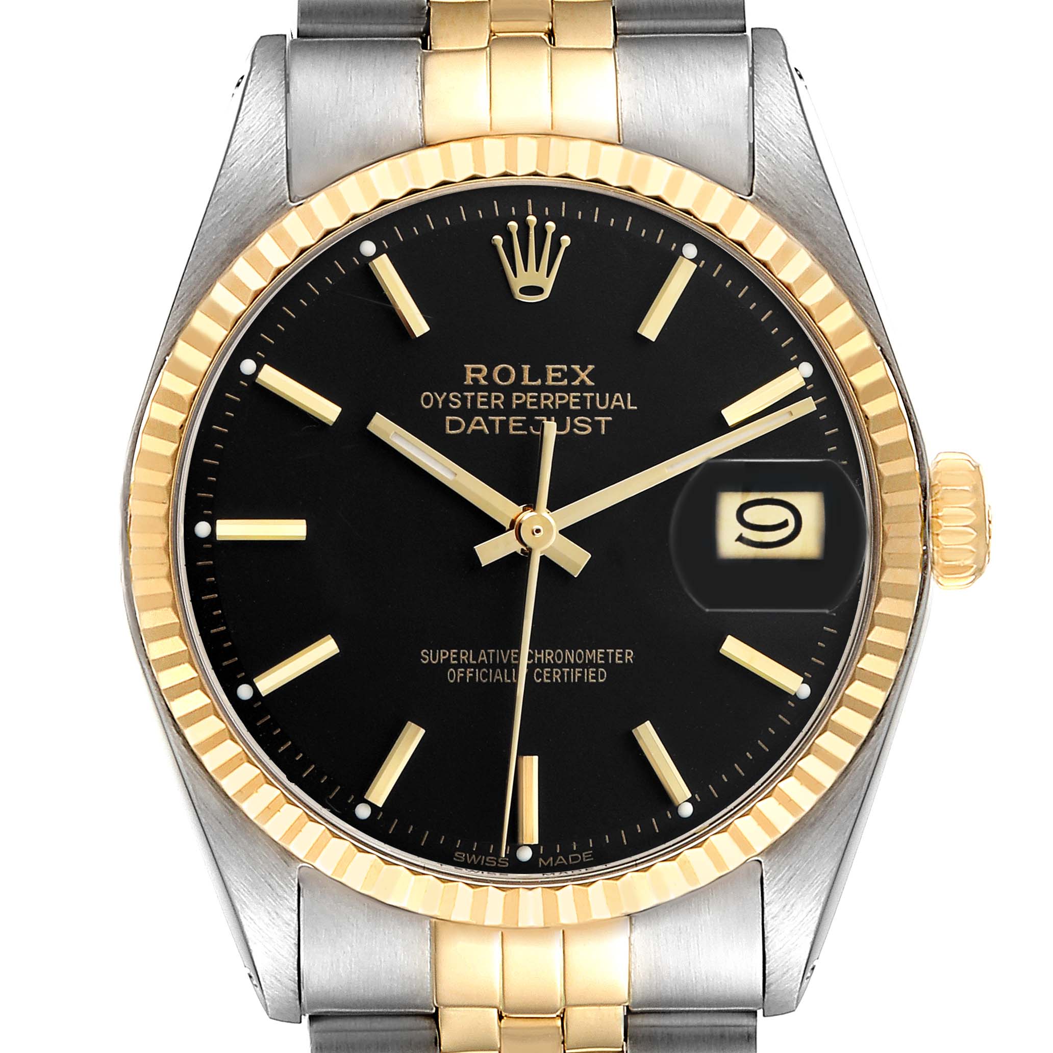 The Rolex Datejust 16013 Men's Steel and Gold (two tone) Black Dial watch is shown from the front, highlighting the dial, bezel, crown, and bracelet.