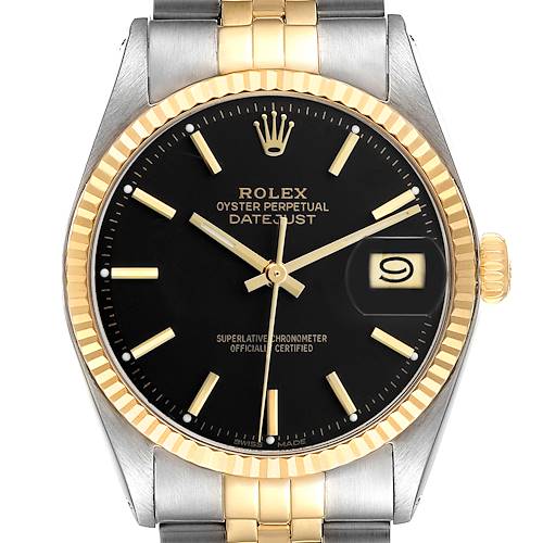The Rolex Datejust 16013 Men's Steel and Gold (two tone) Black Dial watch is shown from a front angle, featuring its dial, bezel, crown, and part of the bracelet.