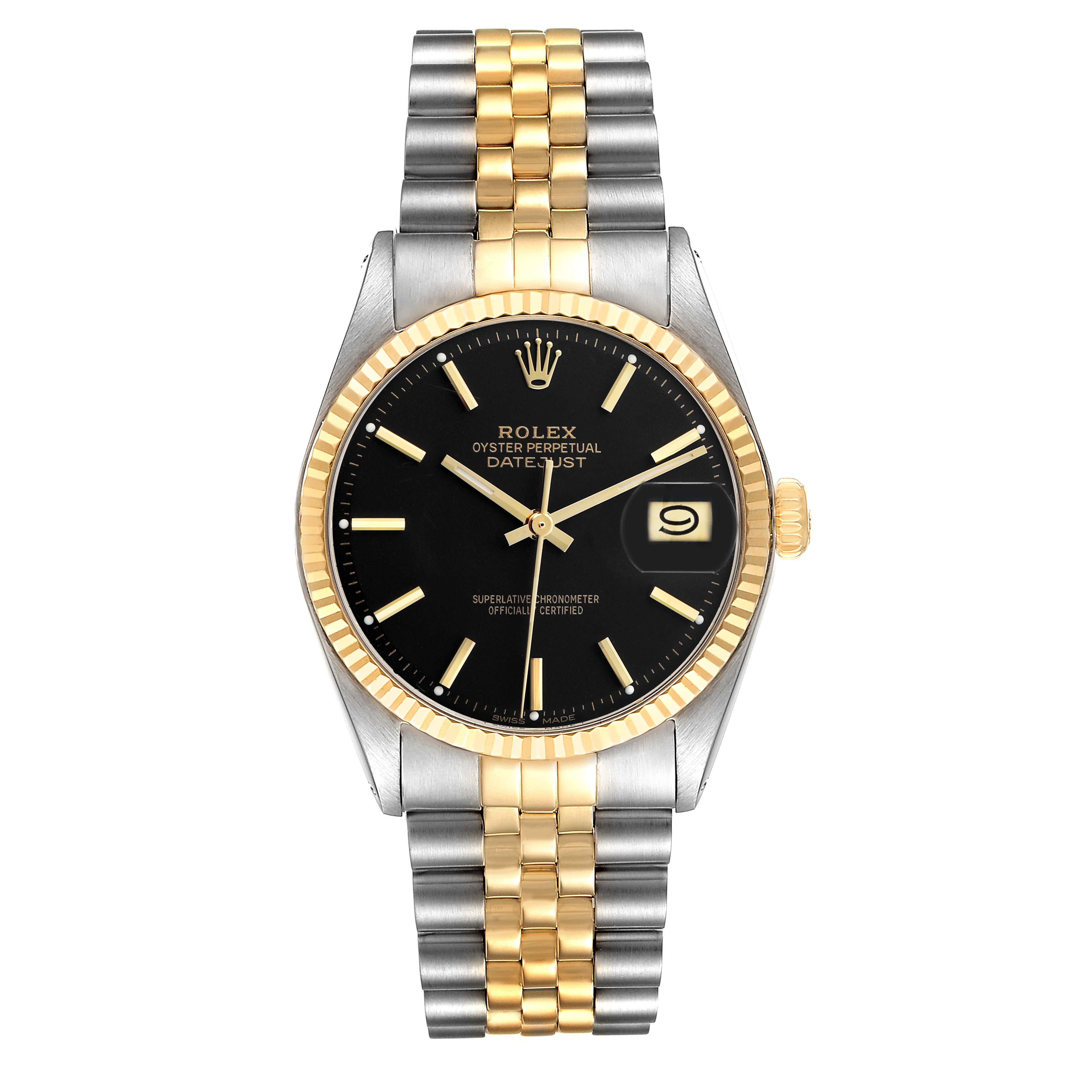 The Rolex Datejust 16013 Men's Steel and Gold (two tone) Black Dial watch is shown from a top-down angle, highlighting the dial, bezel, and two-tone bracelet.