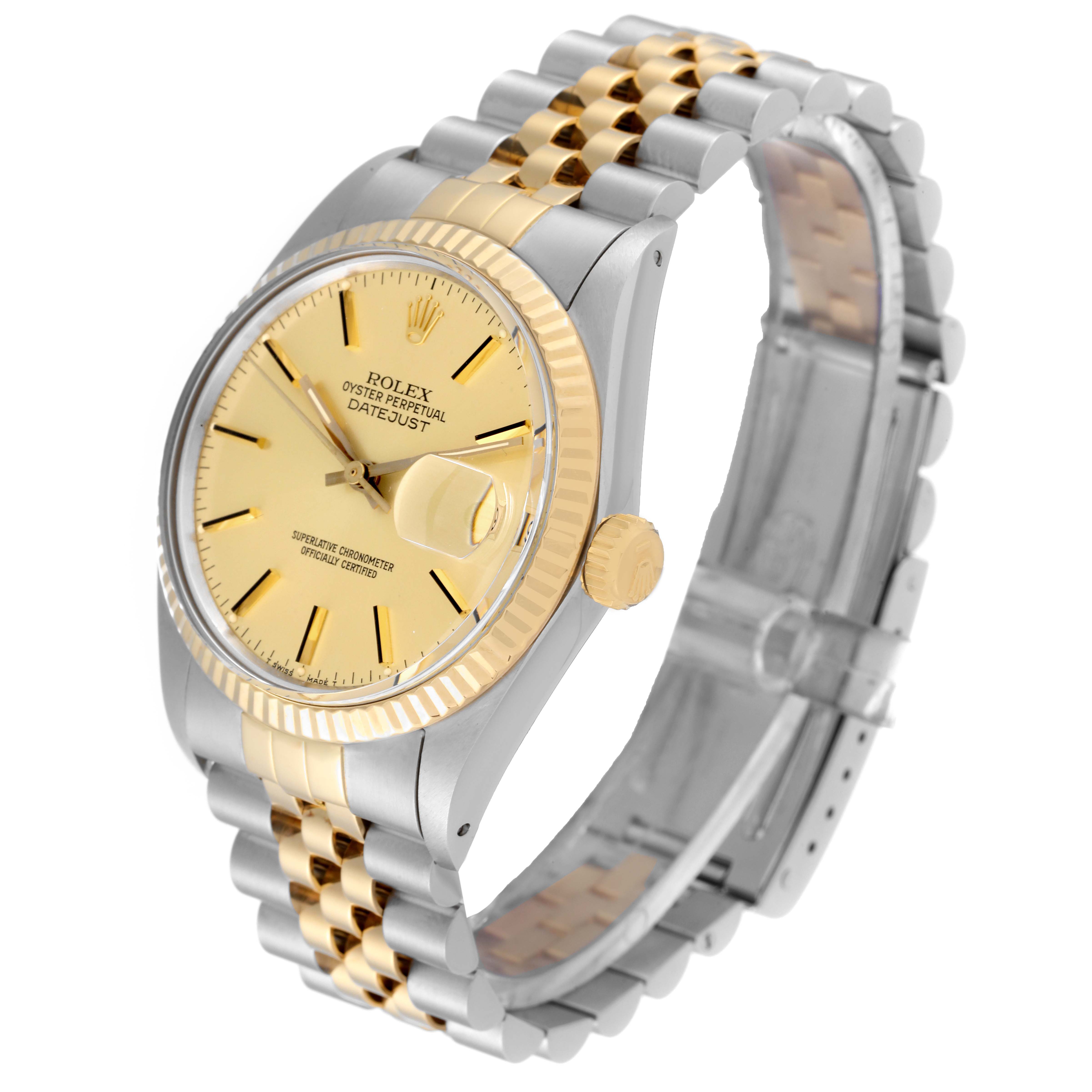 The Rolex Vintage Collection 16013 Men's Steel and Gold (two tone) Champagne Dial 16013 Men's Steel and Gold (two tone) Champagne Dial model is shown at an angled view, displaying its case, dial, bezel, crown, and bracelet.