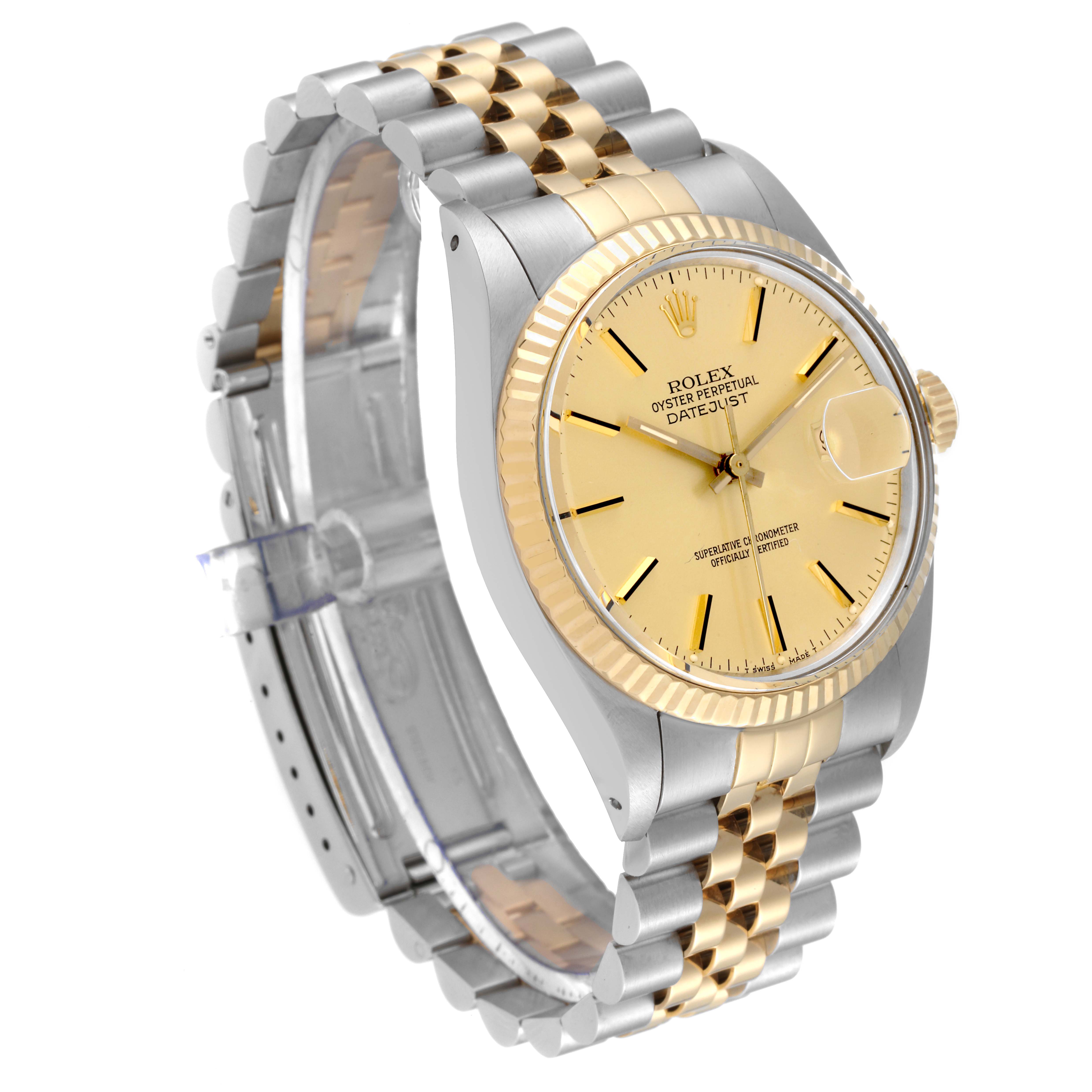 This image shows a Rolex Vintage Collection 16013 Men's Steel and Gold (two tone) Champagne Dial 16013 Men's Steel and Gold (two tone) Champagne Dial Oyster Perpetual Datejust watch from an angled close-up, highlighting the face, bezel, and bracelet.