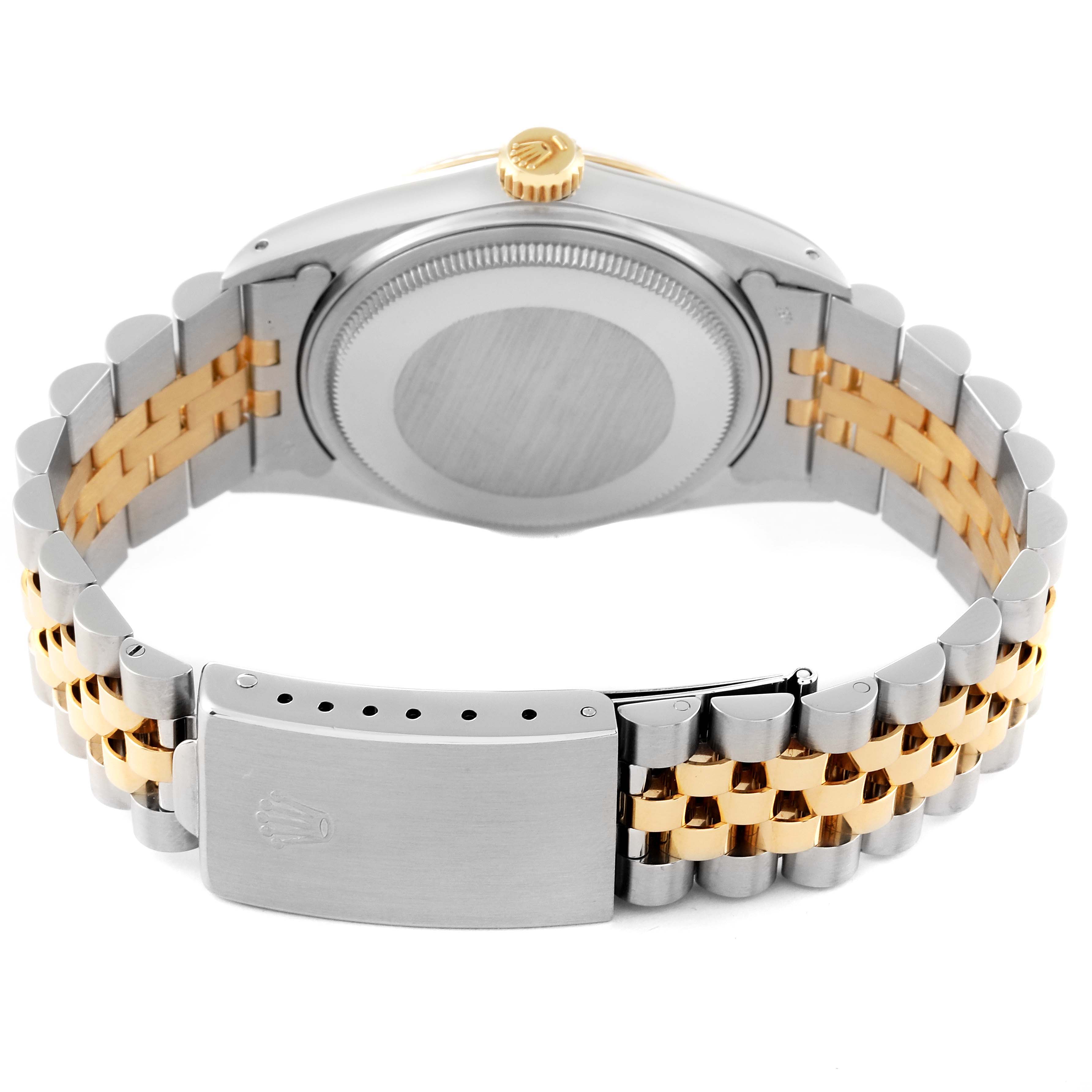 The image shows the back view of a Rolex Vintage Collection 16013 Men's Steel and Gold (two tone) Champagne Dial 16013 Men's Steel and Gold (two tone) Champagne Dial model, highlighting the case back, crown, and two-tone bracelet.