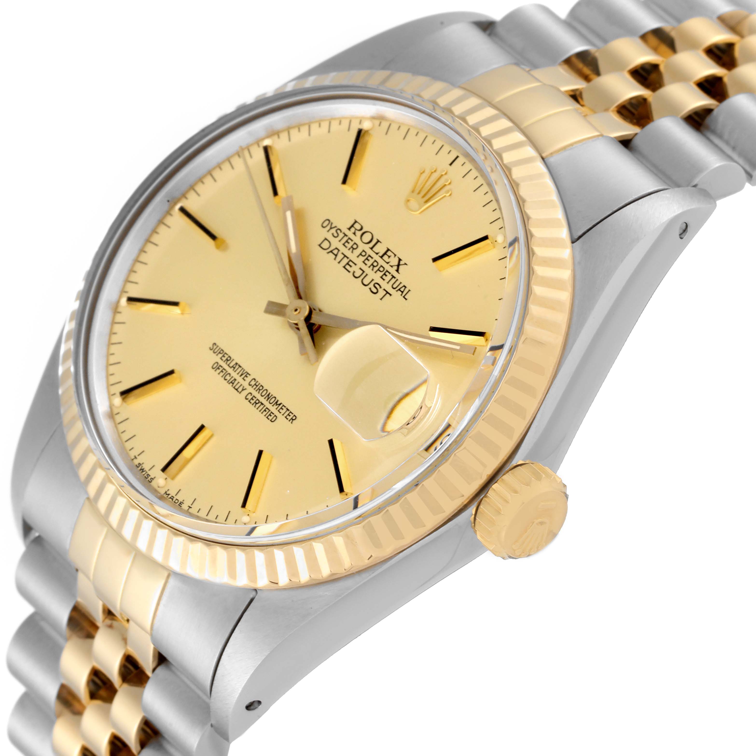 The image shows a close-up, angled view of the Rolex Vintage Collection 16013 Men's Steel and Gold (two tone) Champagne Dial 16013 Men's Steel and Gold (two tone) Champagne Dial Datejust watch, highlighting its face, bezel, crown, and bracelet.