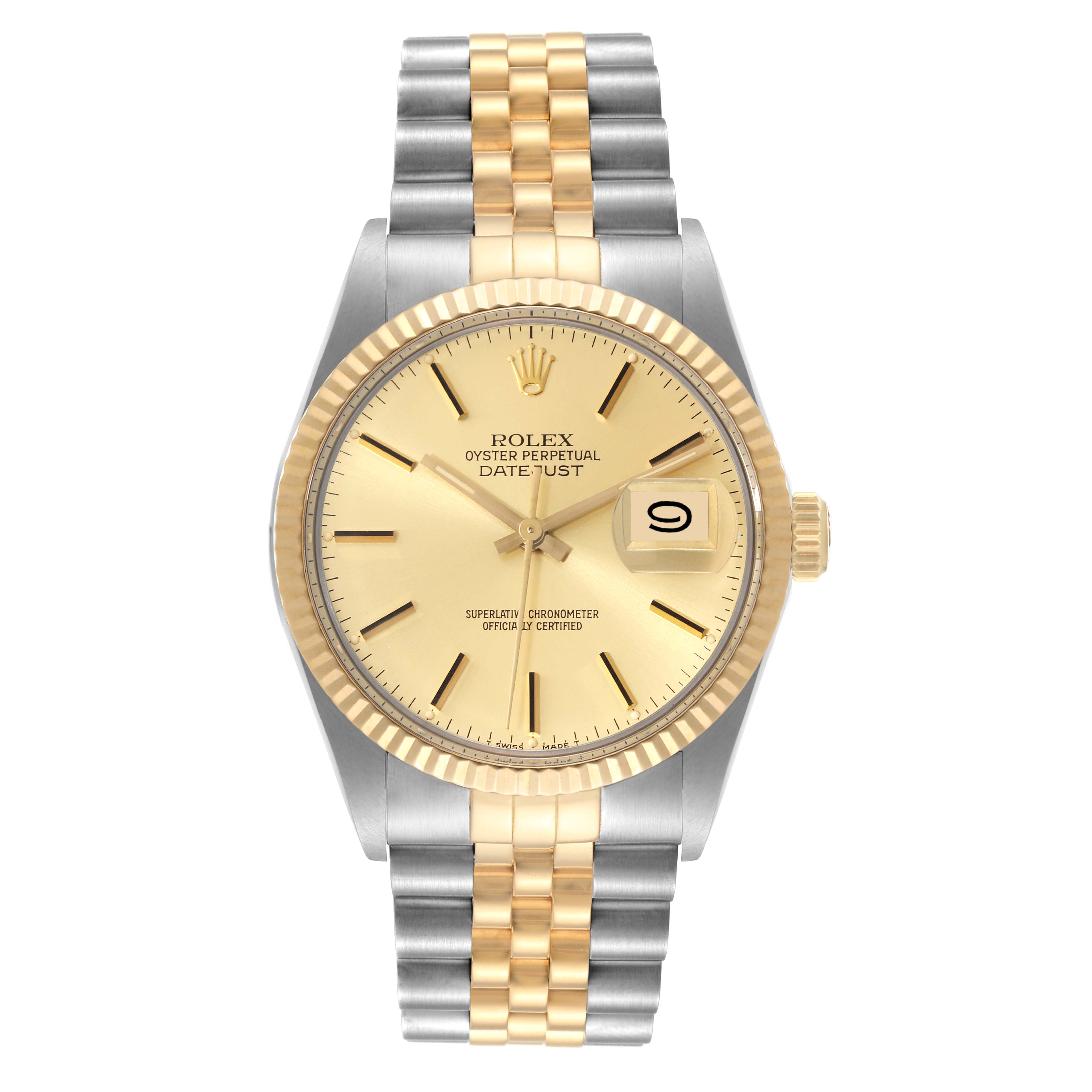 The image shows a frontal view of the Vintage Collection Datejust model by Rolex, highlighting the gold dial and two-tone bracelet.