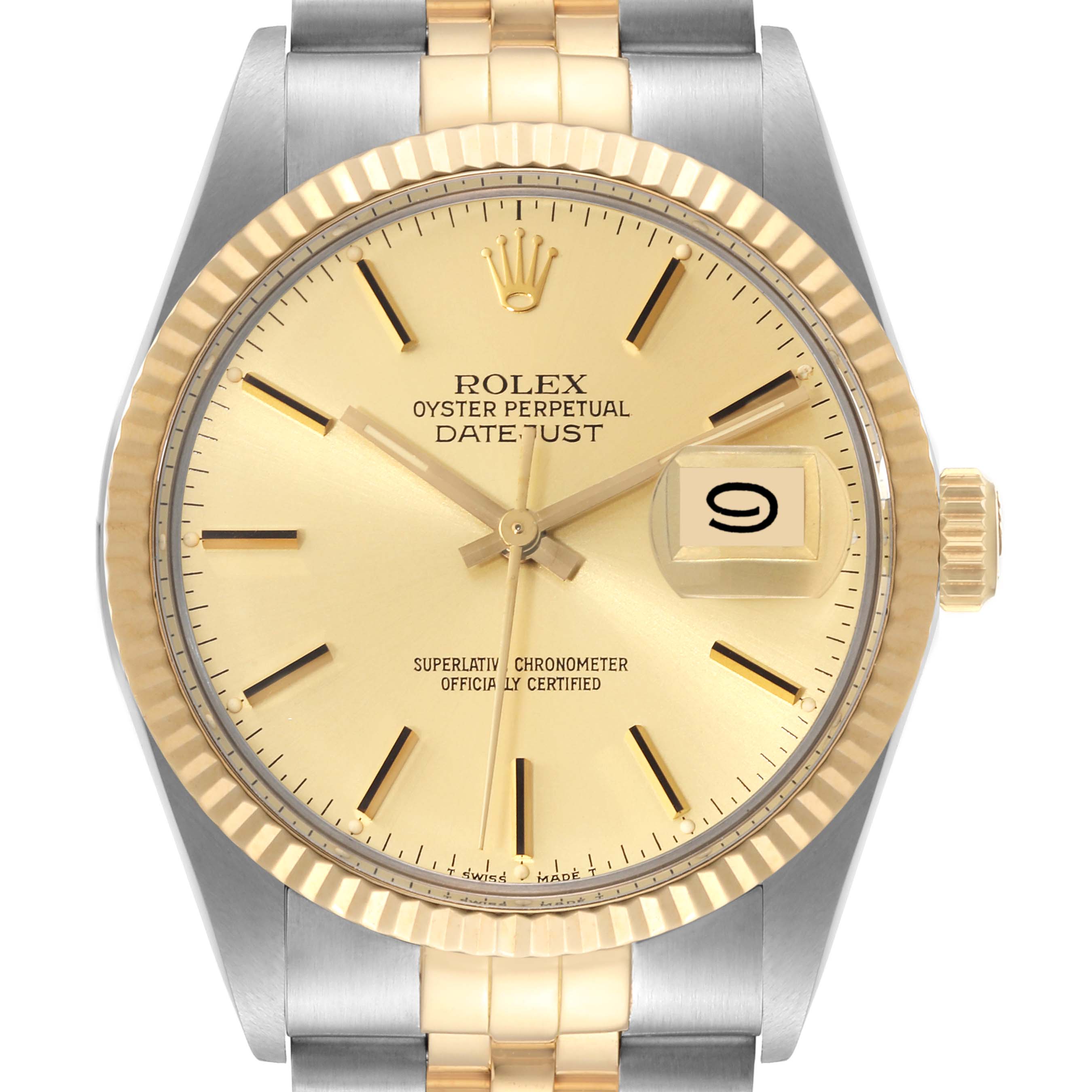 This is a close-up front view of the Rolex Vintage Collection 16013 Men's Steel and Gold (two tone) Champagne Dial 16013 Men's Steel and Gold (two tone) Champagne Dial Oyster Perpetual Datejust watch, showing the dial, bezel, and part of the bracelet.