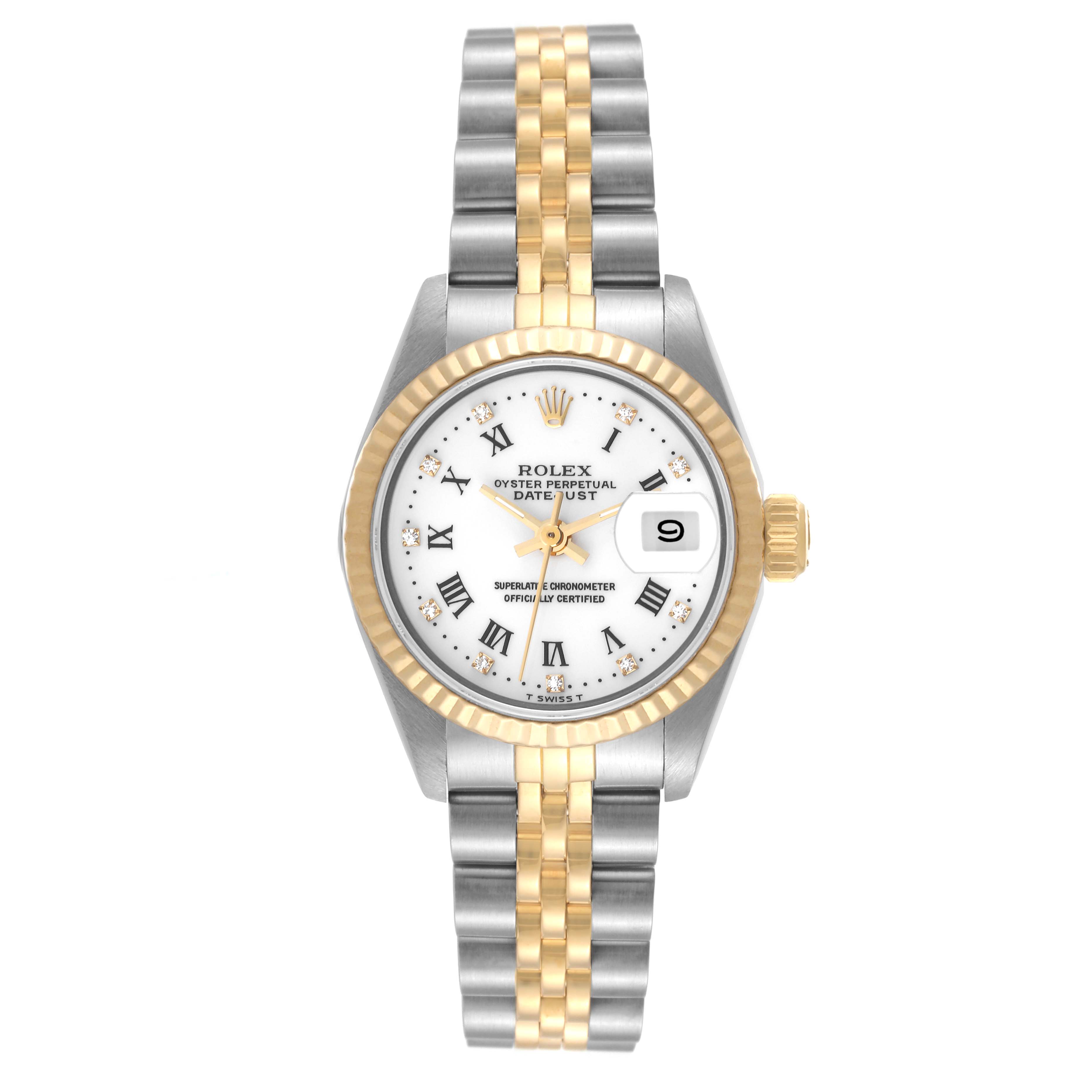 The image shows a frontal view of a Rolex Datejust 69173G Women's Steel and Gold (two tone) White Dial 69173G Women's Steel and Gold (two tone) White Dial watch, highlighting the dial, bezel, crown, and bracelet.