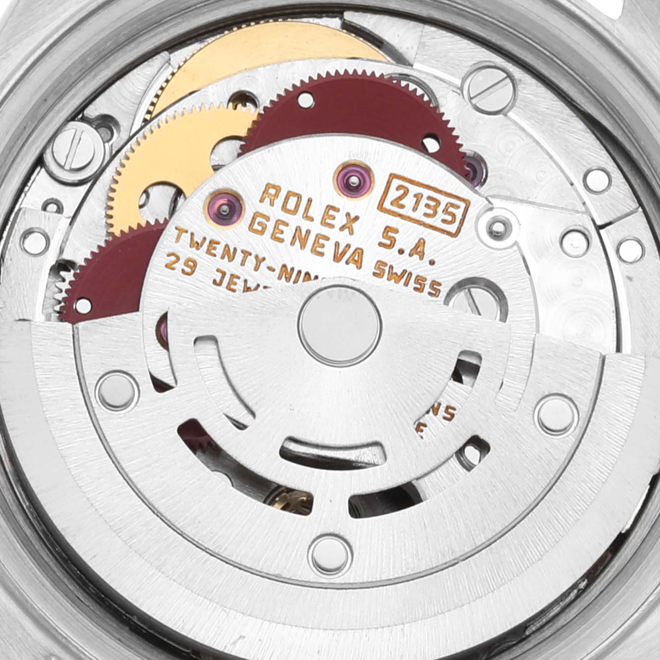 The image shows the movement and internal mechanism of a Rolex Datejust 69173G Women's Steel and Gold (two tone) White Dial 69173G Women's Steel and Gold (two tone) White Dial watch, focusing on the gears and rotor.