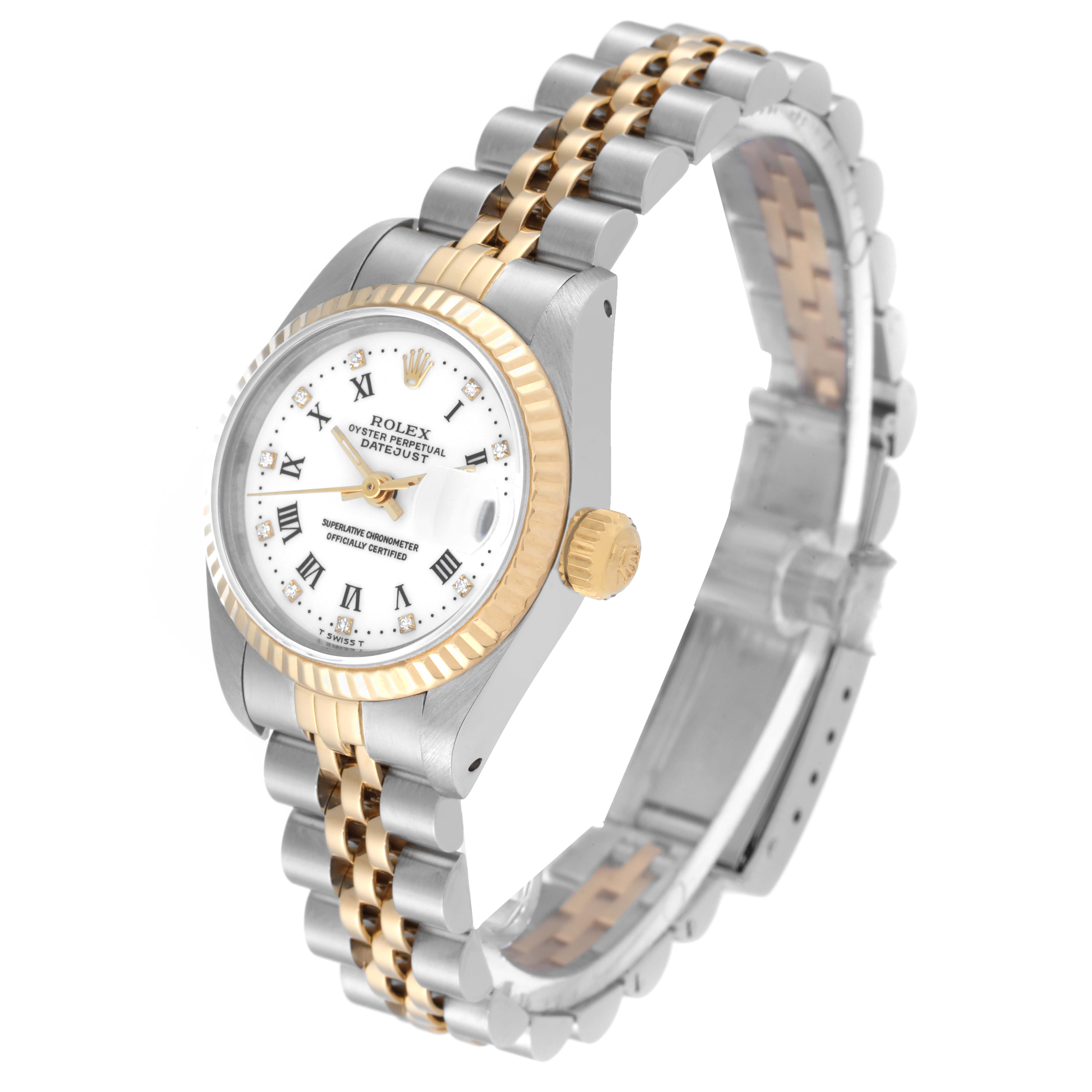 The image shows the Rolex Datejust 69173G Women's Steel and Gold (two tone) White Dial 69173G Women's Steel and Gold (two tone) White Dial watch from a slightly tilted top view, highlighting its face, bezel, crown, and band.
