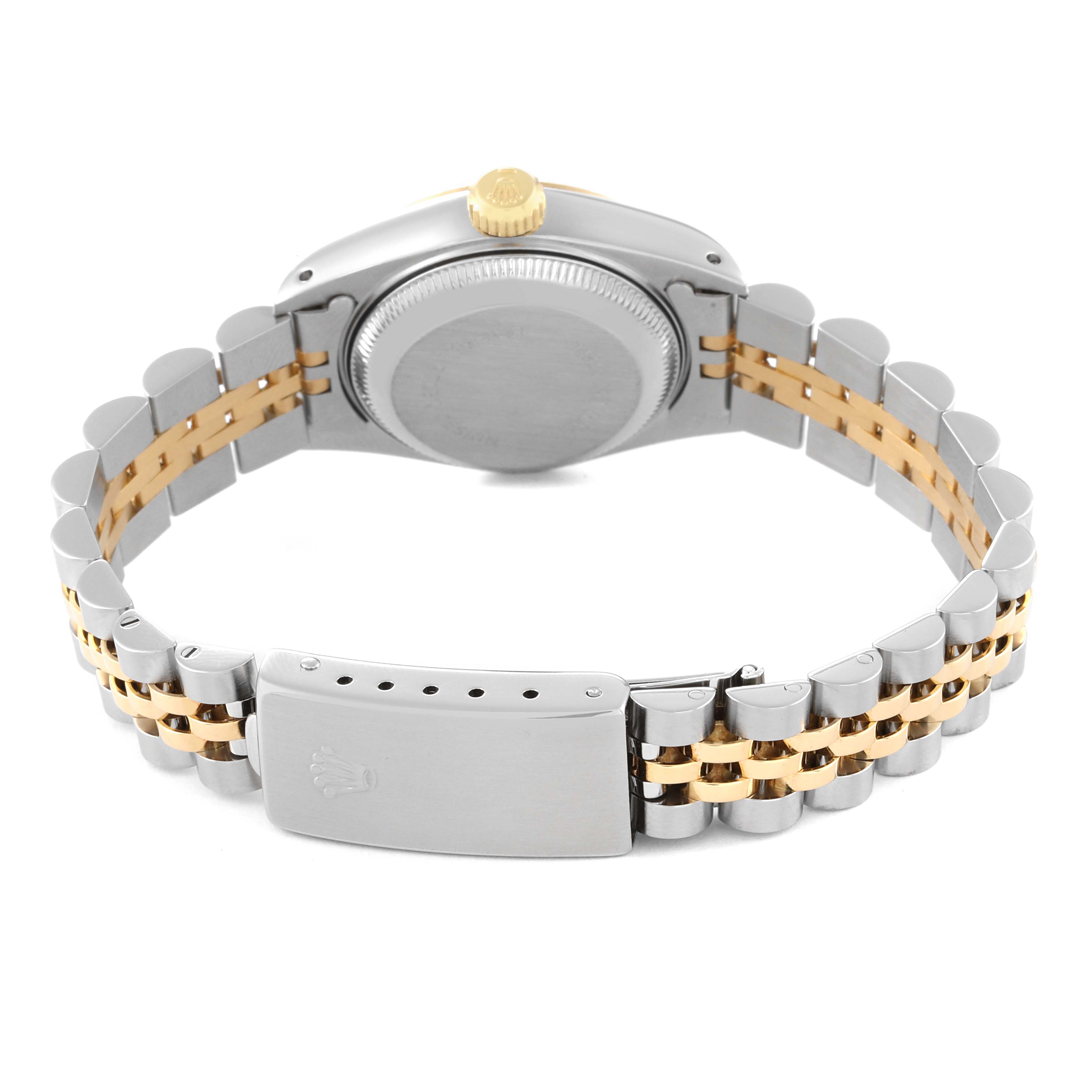 The image shows the back view of a Rolex Datejust 69173G Women's Steel and Gold (two tone) White Dial 69173G Women's Steel and Gold (two tone) White Dial watch, highlighting its case, crown, and two-tone bracelet with clasp.