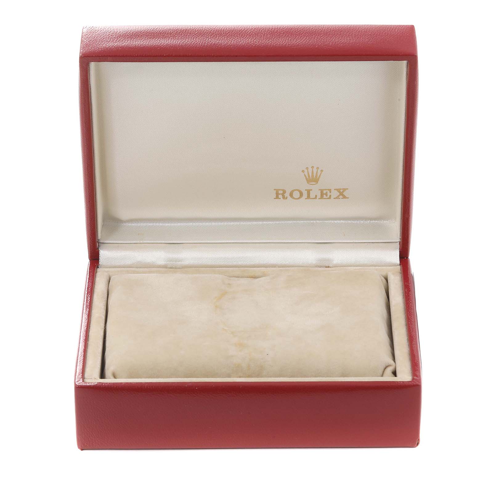This is an open Rolex Datejust 69173G Women's Steel and Gold (two tone) White Dial 69173G Women's Steel and Gold (two tone) White Dial watch box shown from the front, with the Rolex logo on the interior.