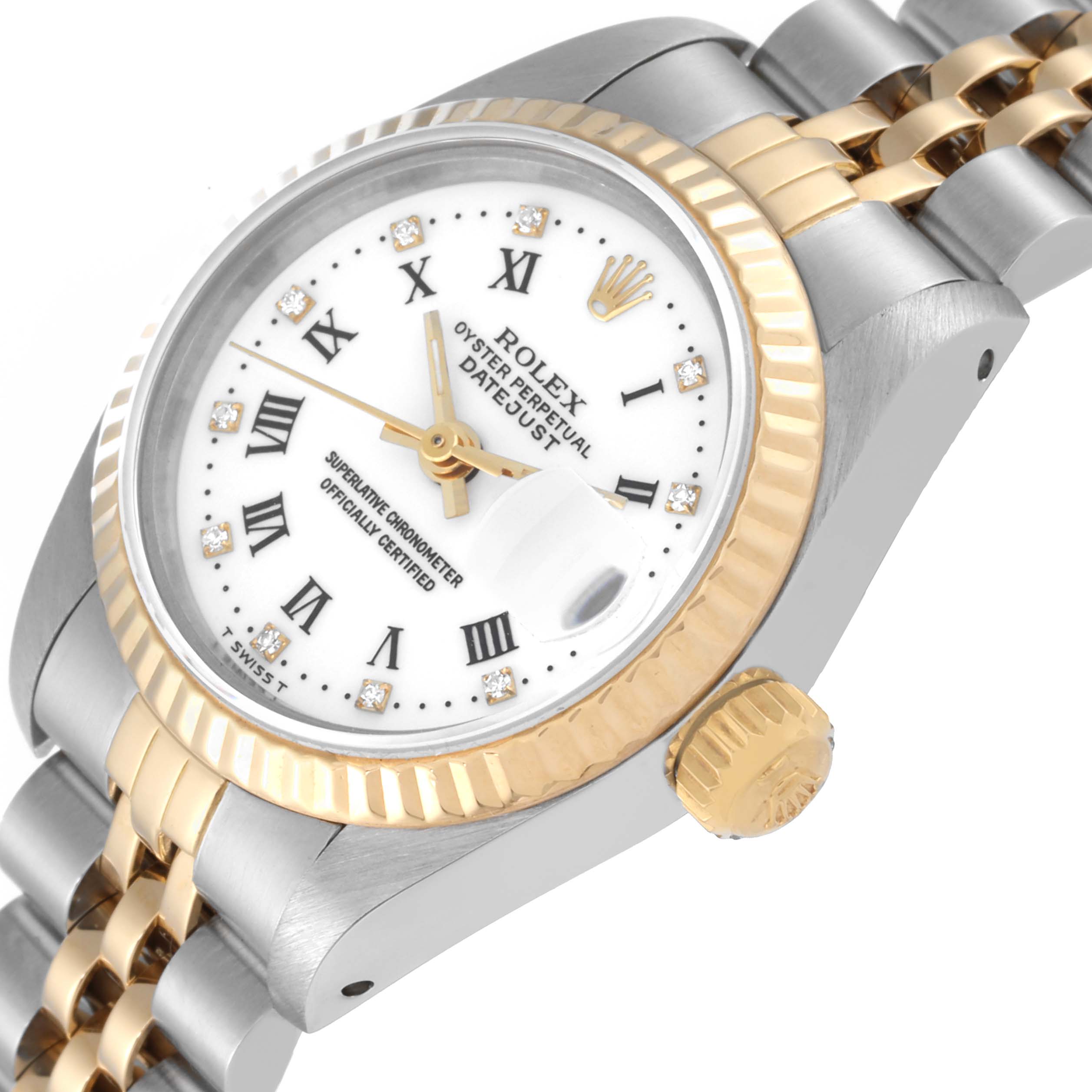The image shows a close-up side and front angle of the Rolex Datejust 69173G Women's Steel and Gold (two tone) White Dial 69173G Women's Steel and Gold (two tone) White Dial watch, highlighting the crown, bezel, and part of the bracelet.