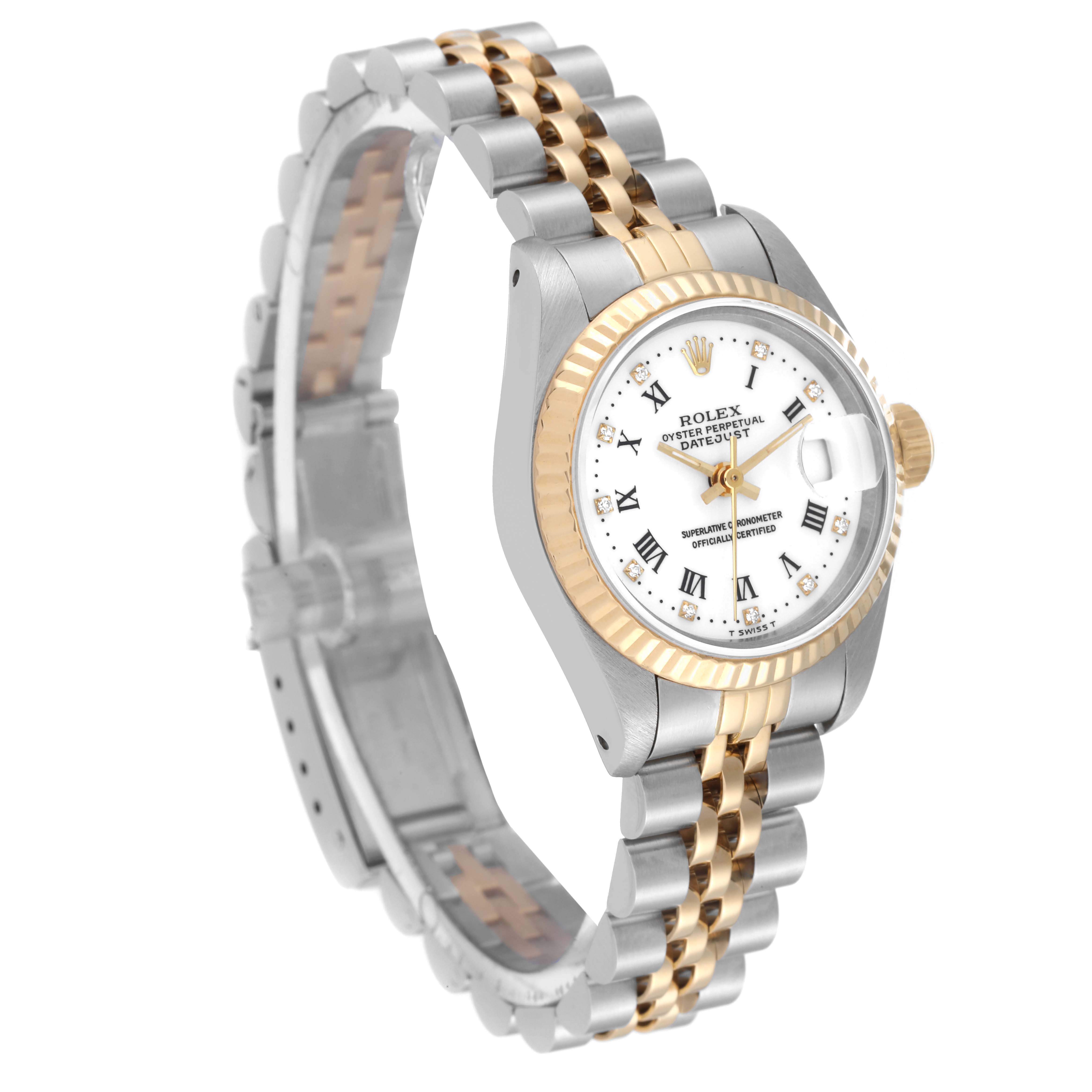 This Rolex Datejust 69173G Women's Steel and Gold (two tone) White Dial 69173G Women's Steel and Gold (two tone) White Dial watch is shown at a three-quarter angle, displaying its dial, bezel, and two-tone bracelet.