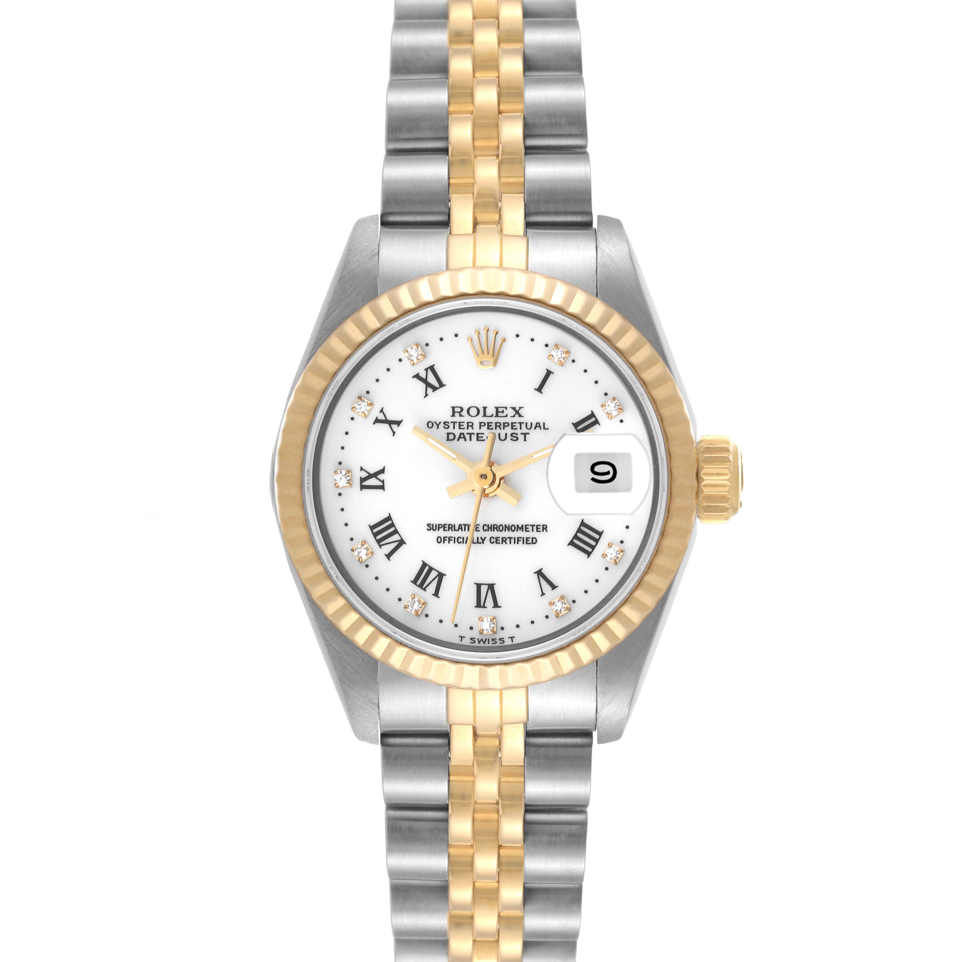 This image shows a Rolex Datejust 69173G Women's Steel and Gold (two tone) White Dial 69173G Women's Steel and Gold (two tone) White Dial watch from a top-down angle, highlighting its dial, bezel, crown, and bracelet.