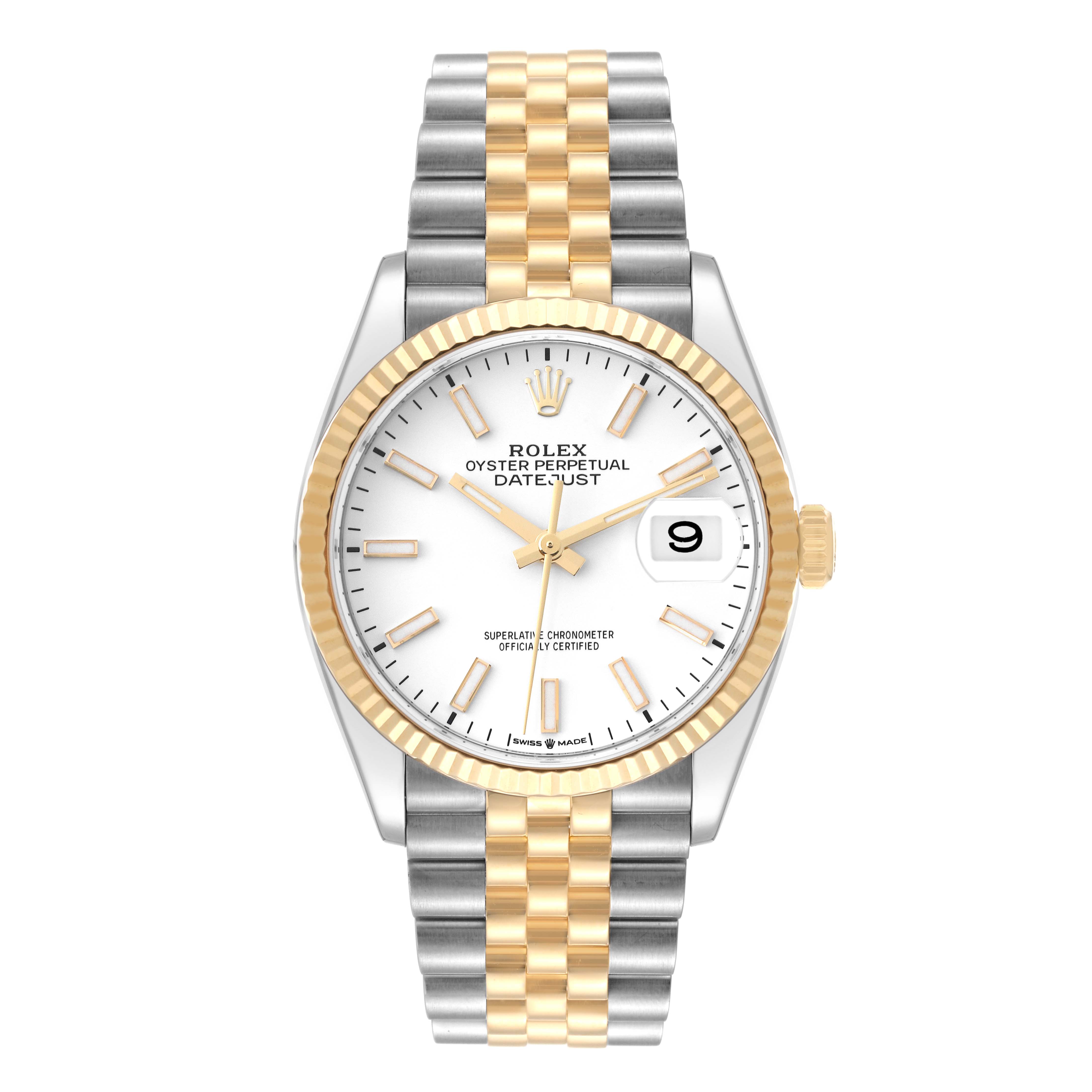 This Rolex Datejust 126233 Men's Steel and Gold (two tone) White Dial 126233 Men's Steel and Gold (two tone) White Dial watch is shown from a front angle, displaying the dial, bezel, crown, and bracelet.