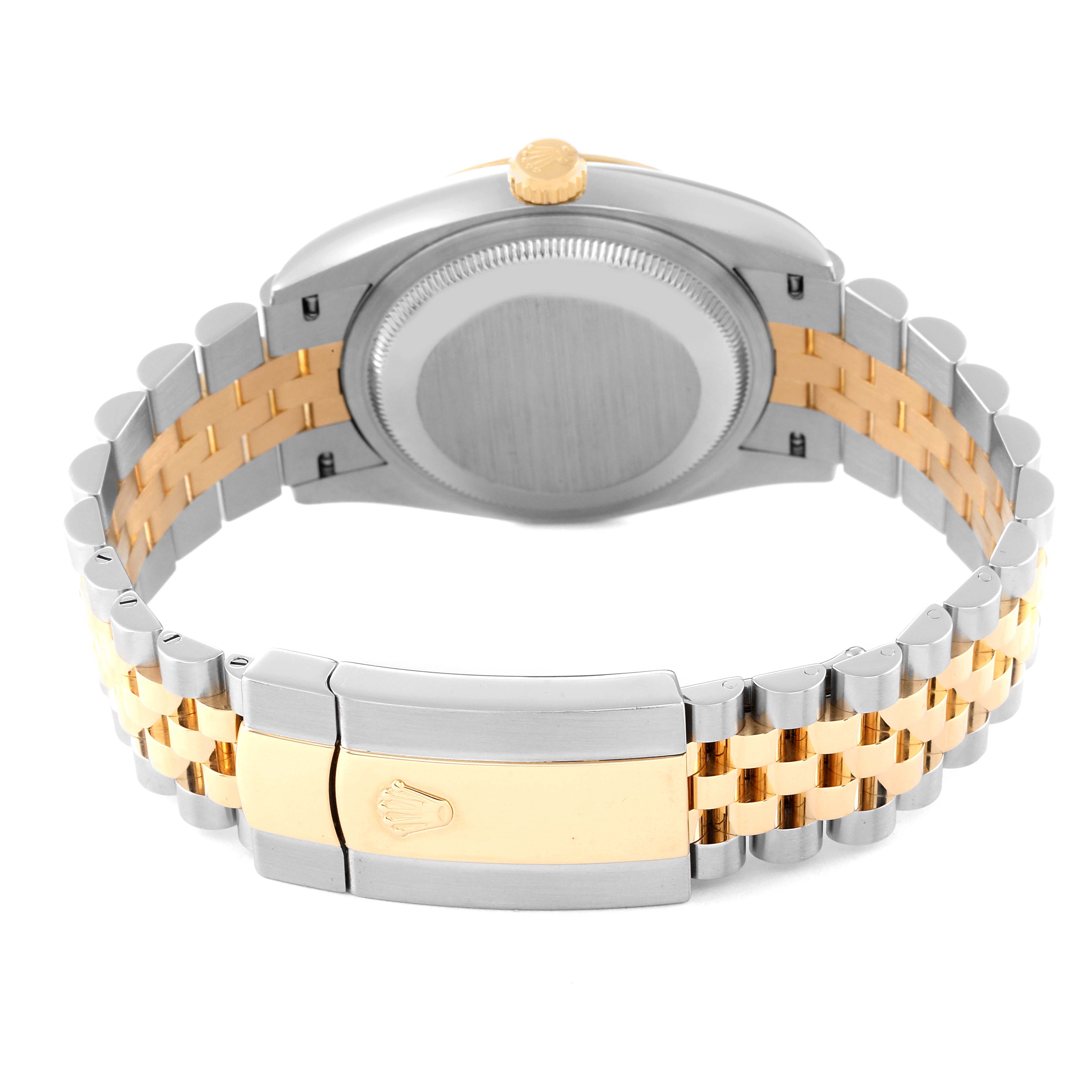 This is the back view of a Rolex Datejust 126233 Men's Steel and Gold (two tone) White Dial 126233 Men's Steel and Gold (two tone) White Dial watch, showing the case back, crown, and two-tone bracelet with the clasp.
