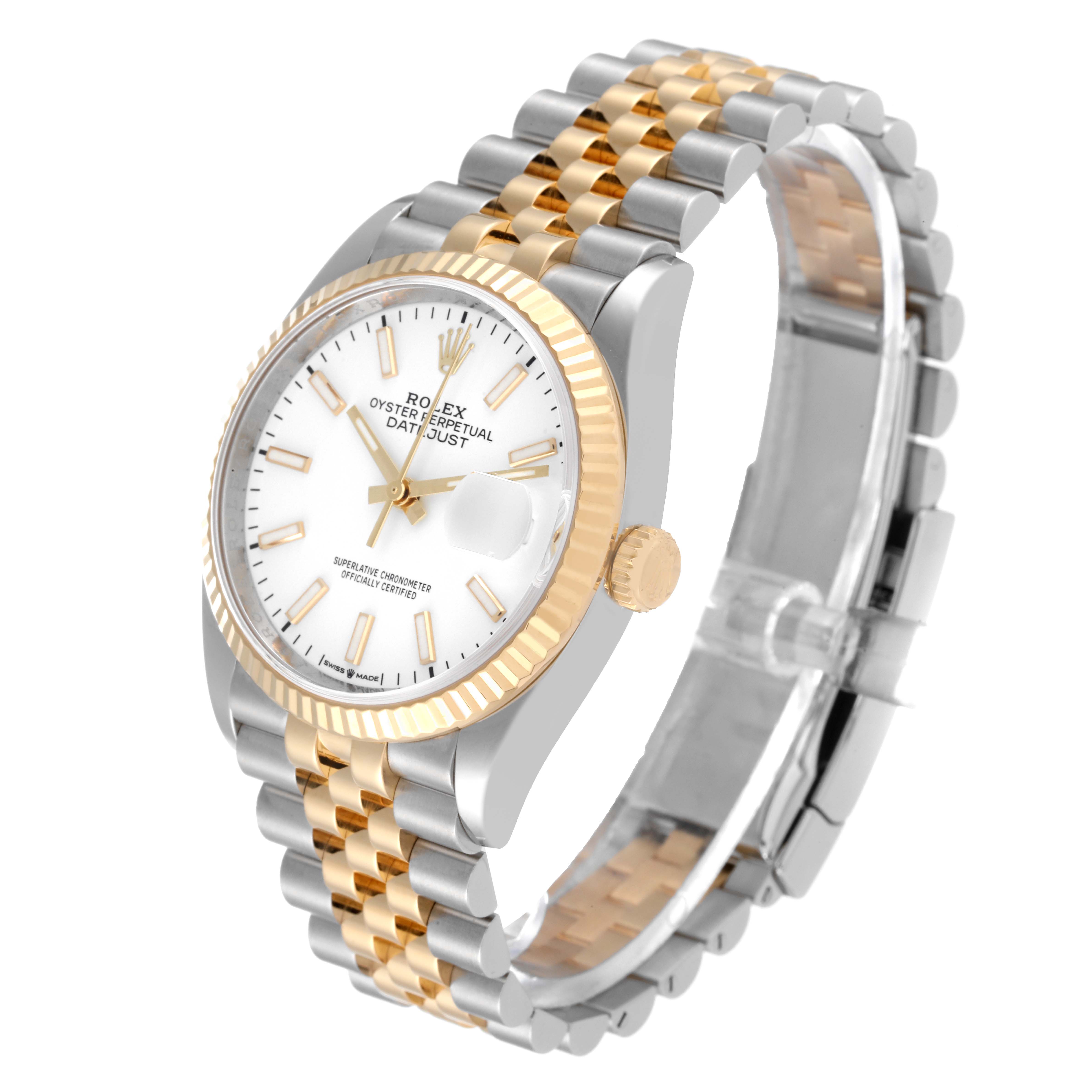 The image shows a Rolex Datejust 126233 Men's Steel and Gold (two tone) White Dial 126233 Men's Steel and Gold (two tone) White Dial watch at a slight upper angle, highlighting the bezel, dial, bracelet, and crown.