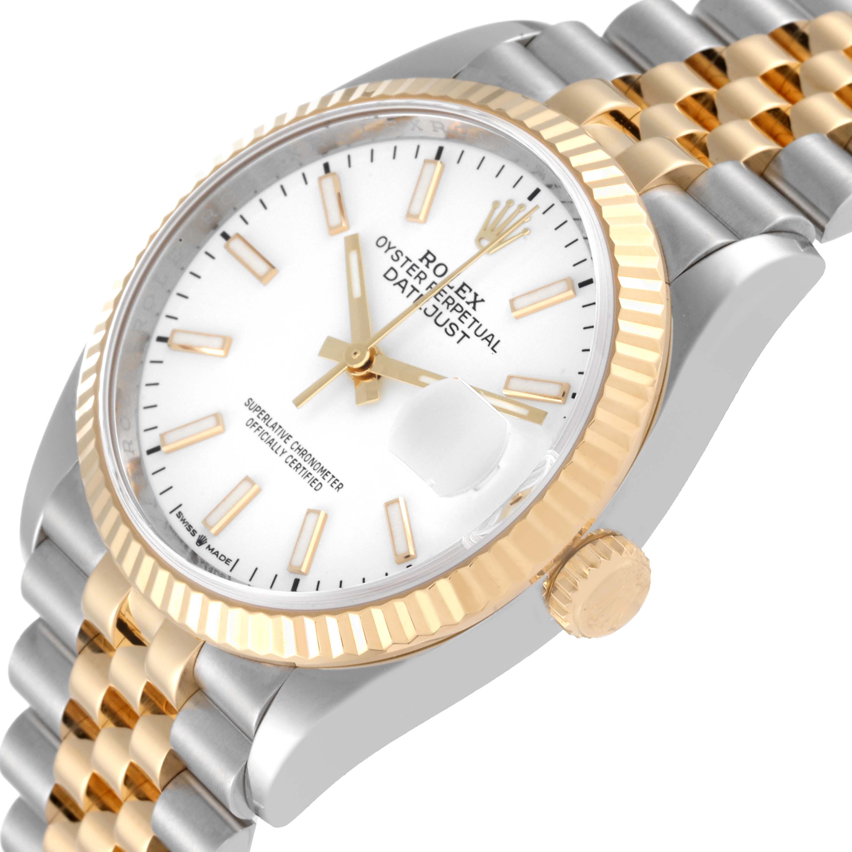 The Rolex Datejust 126233 Men's Steel and Gold (two tone) White Dial 126233 Men's Steel and Gold (two tone) White Dial watch is shown at an angled view, highlighting the dial, fluted bezel, and part of the Jubilee bracelet.