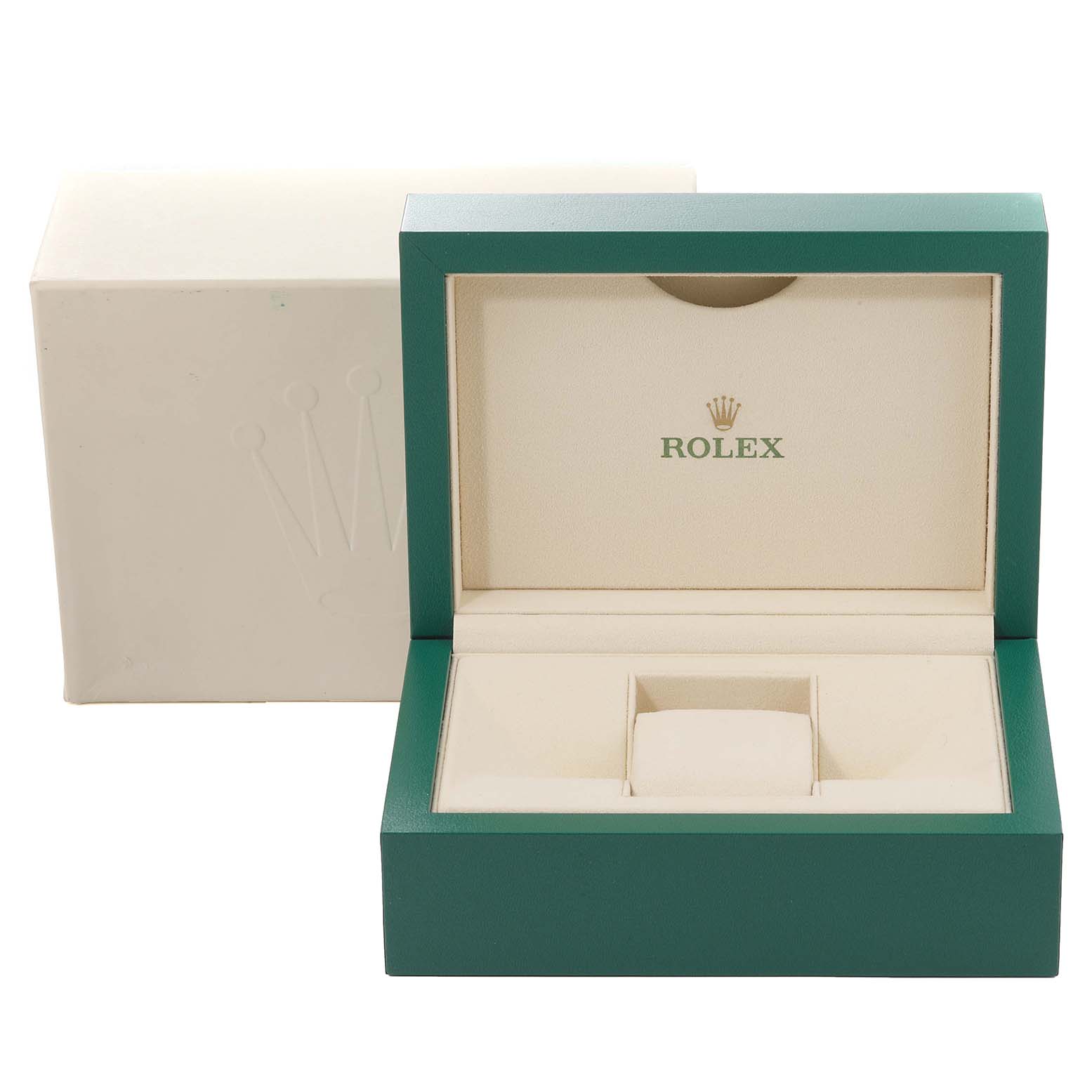 This image shows an open green Rolex Datejust 126233 Men's Steel and Gold (two tone) White Dial 126233 Men's Steel and Gold (two tone) White Dial watch box with its interior and an outer protective case.