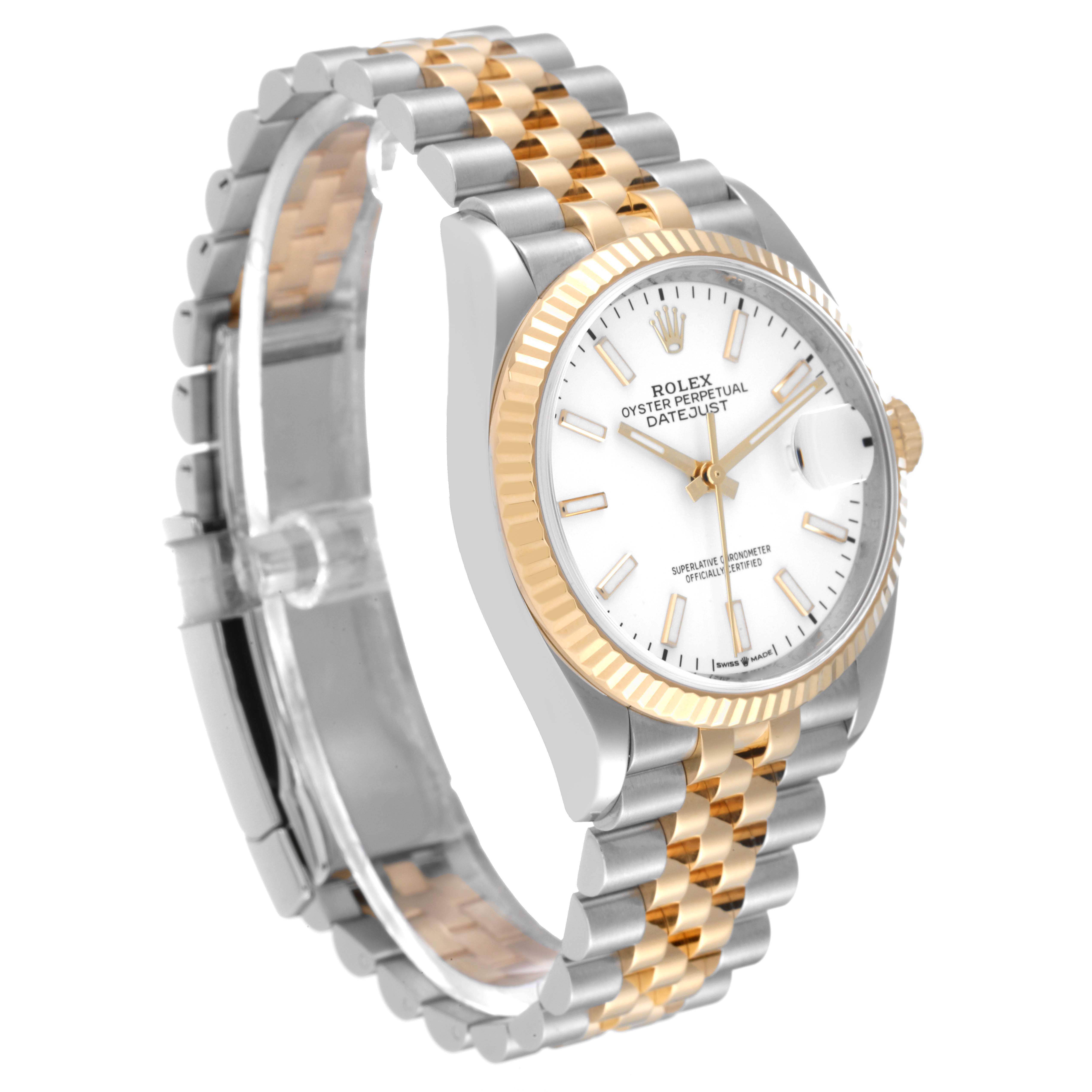 This image shows a Rolex Datejust 126233 Men's Steel and Gold (two tone) White Dial 126233 Men's Steel and Gold (two tone) White Dial watch at a three-quarter angle, highlighting the dial, bezel, and two-tone bracelet.