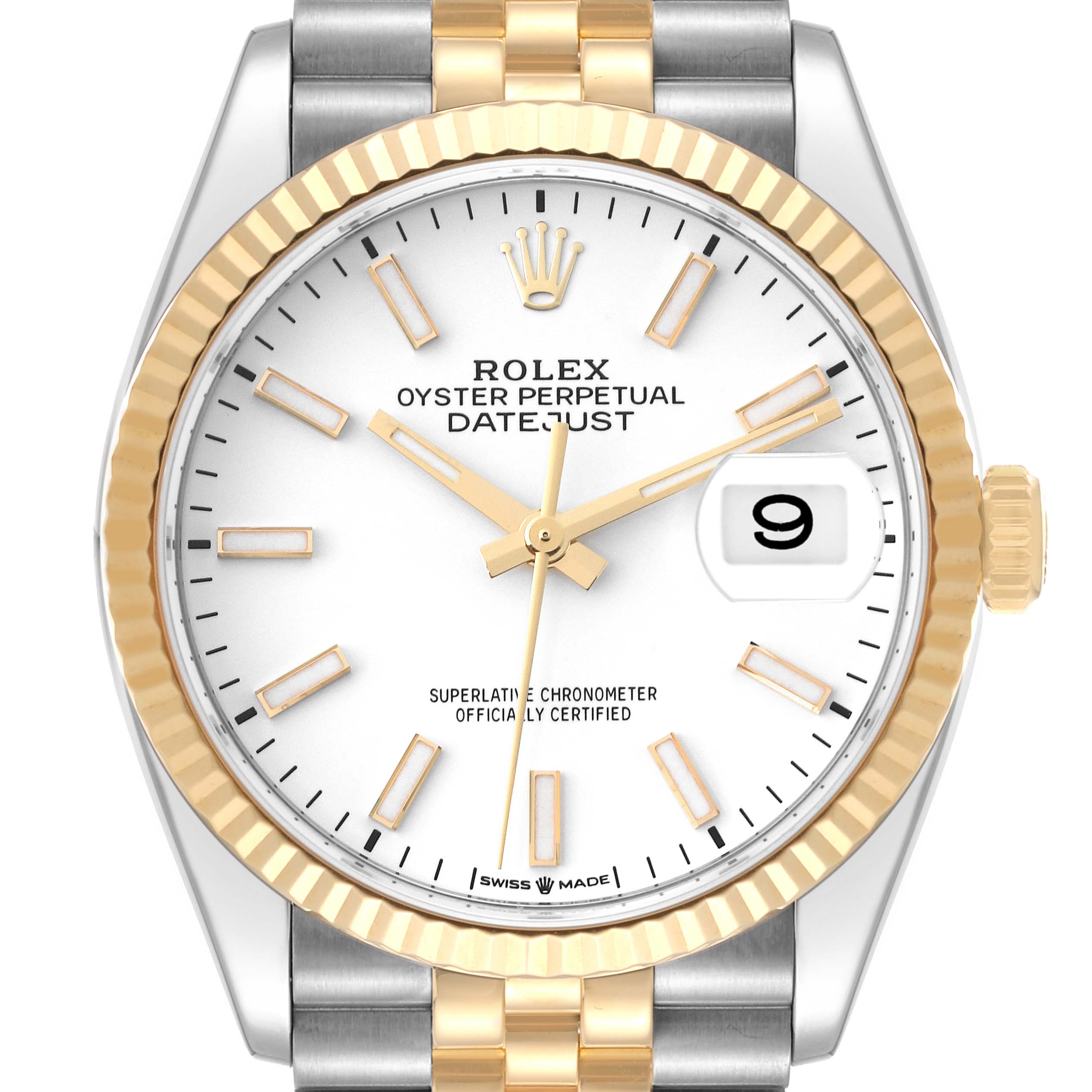 This Rolex Datejust 126233 Men's Steel and Gold (two tone) White Dial 126233 Men's Steel and Gold (two tone) White Dial watch is shown from a front angle, highlighting the dial, bezel, crown, and part of the bracelet.