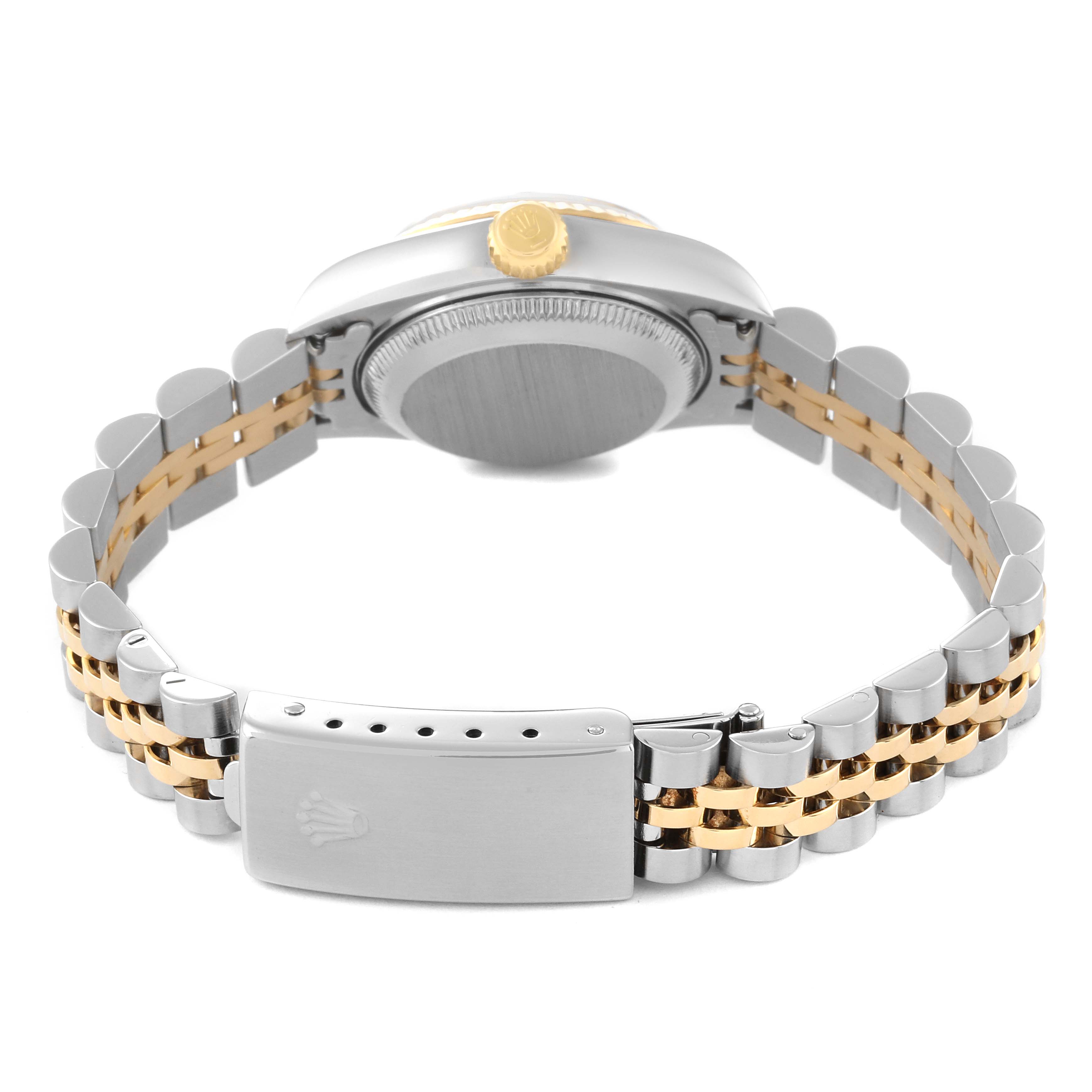 The image shows the back view of a Rolex Datejust 79173G Women's Steel and Gold (two tone) White Dial 79173G Women's Steel and Gold (two tone) White Dial watch highlighting its clasp, bracelet, and side profile.