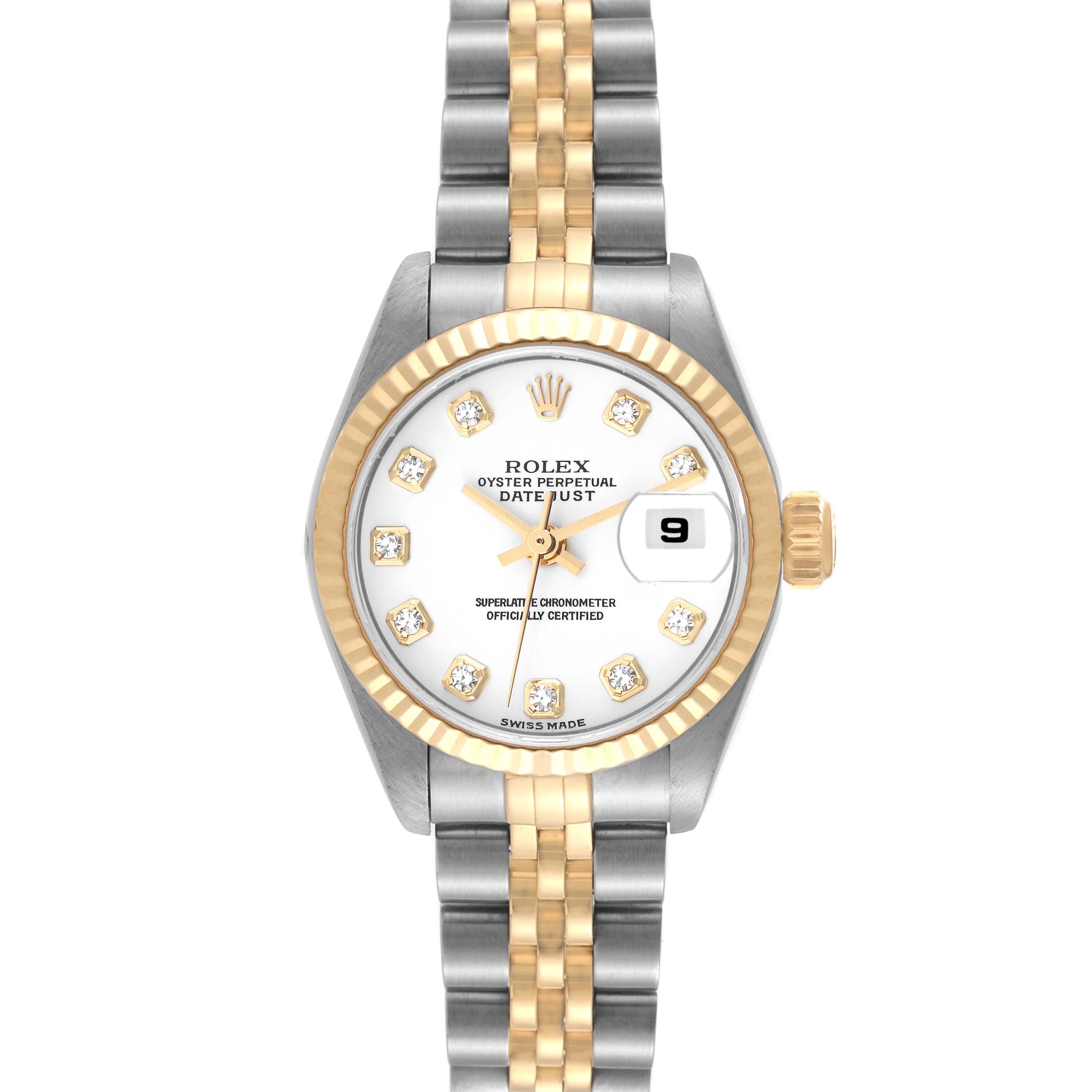 This image shows a Rolex Datejust 79173G Women's Steel and Gold (two tone) White Dial 79173G Women's Steel and Gold (two tone) White Dial watch from a front-facing angle, displaying the face, bezel, bracelet, and crown.