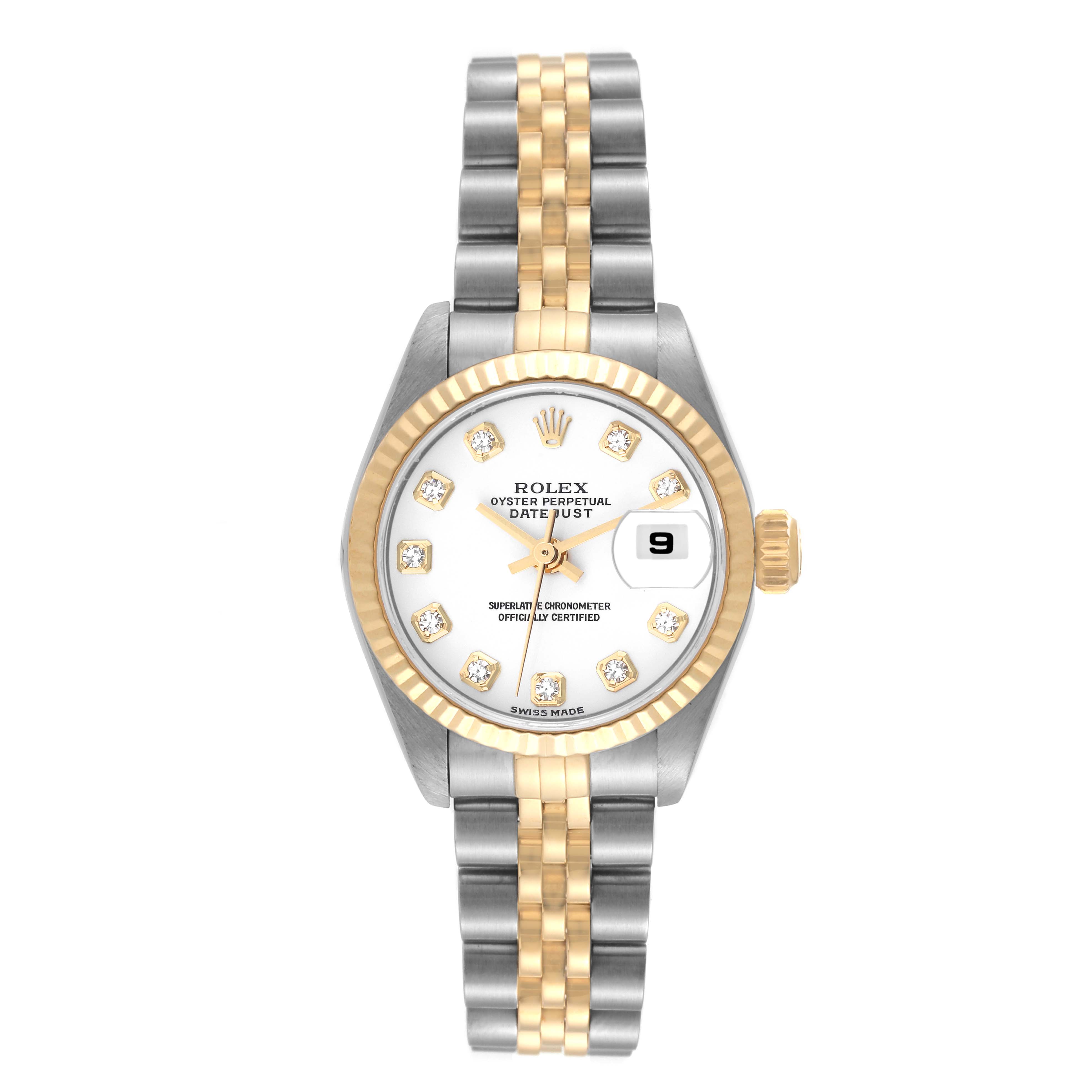 The image shows a frontal view of the Rolex Datejust 79173G Women's Steel and Gold (two tone) White Dial 79173G Women's Steel and Gold (two tone) White Dial watch displaying the dial, bezel, crown, and full bracelet.