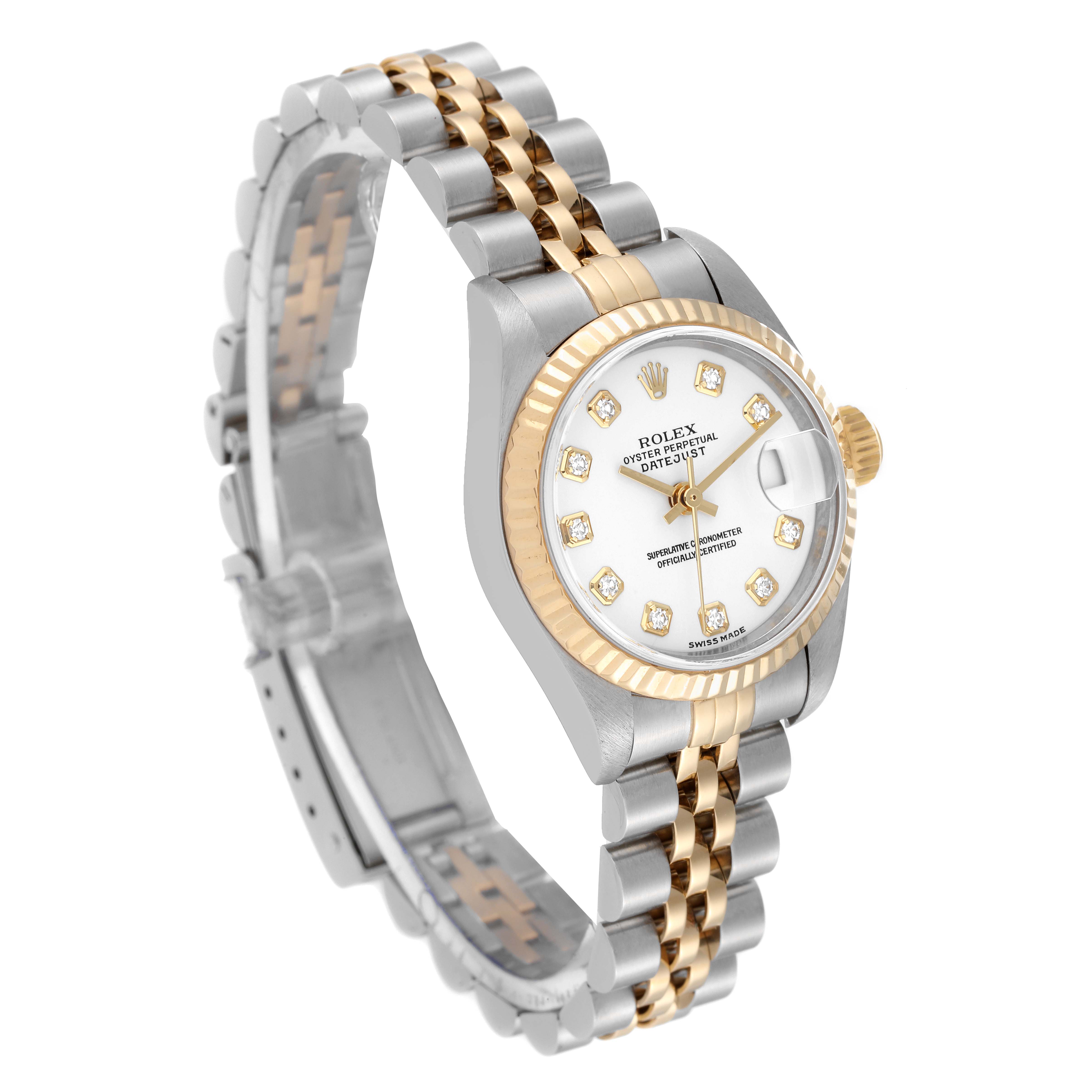 The image shows a Rolex Datejust 79173G Women's Steel and Gold (two tone) White Dial 79173G Women's Steel and Gold (two tone) White Dial watch from a front-side angle, revealing its bracelet, bezel, and dial.