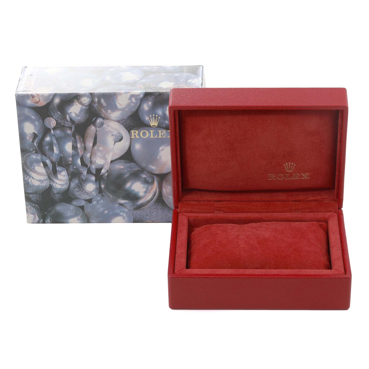 The image shows a Rolex Datejust 79173G Women's Steel and Gold (two tone) White Dial 79173G Women's Steel and Gold (two tone) White Dial watch box in red providing a frontal view of the open box and its decorative outer packaging.