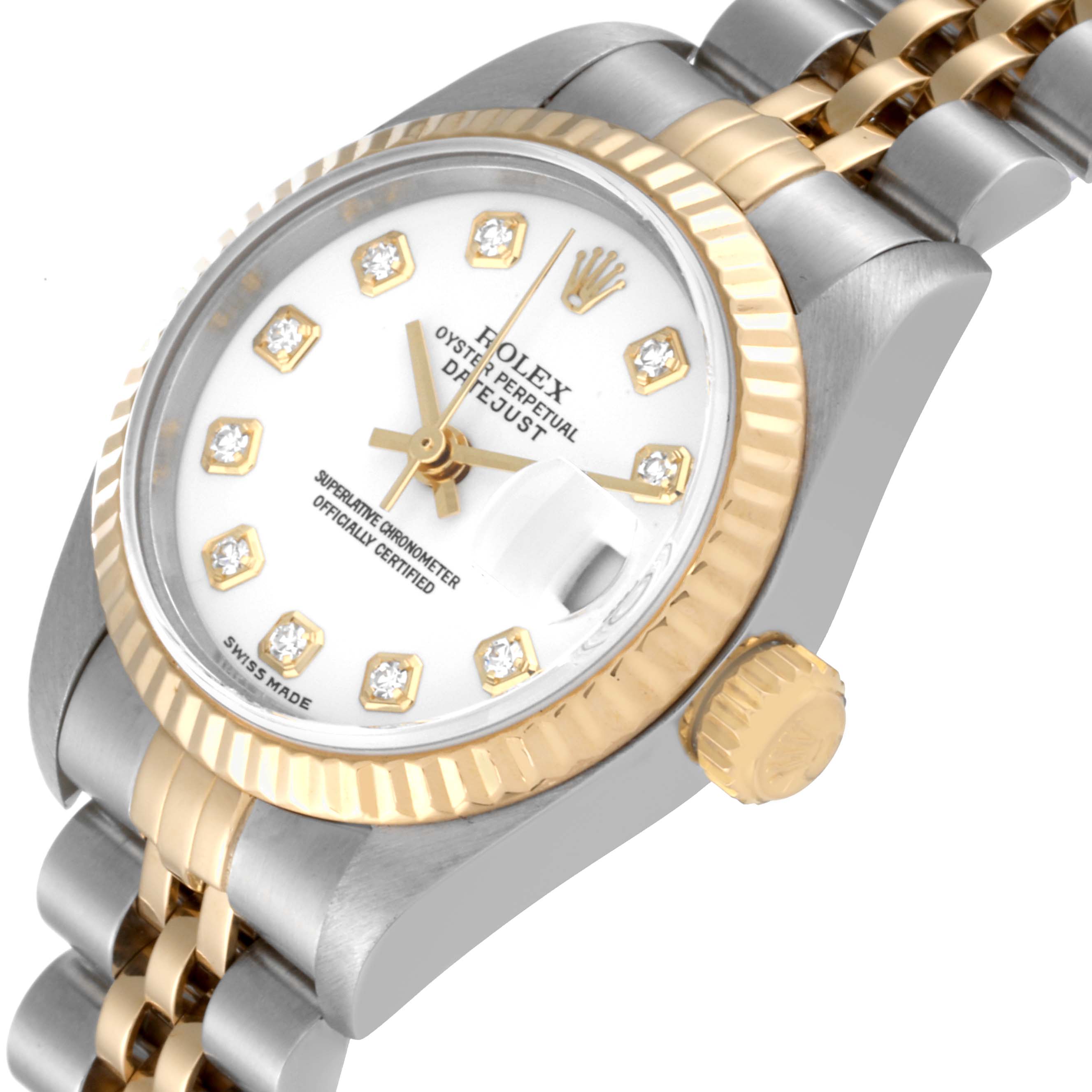 This image shows a Rolex Datejust 79173G Women's Steel and Gold (two tone) White Dial 79173G Women's Steel and Gold (two tone) White Dial watch at a tilted angle, displaying the dial, bezel, crown, and part of the bracelet.