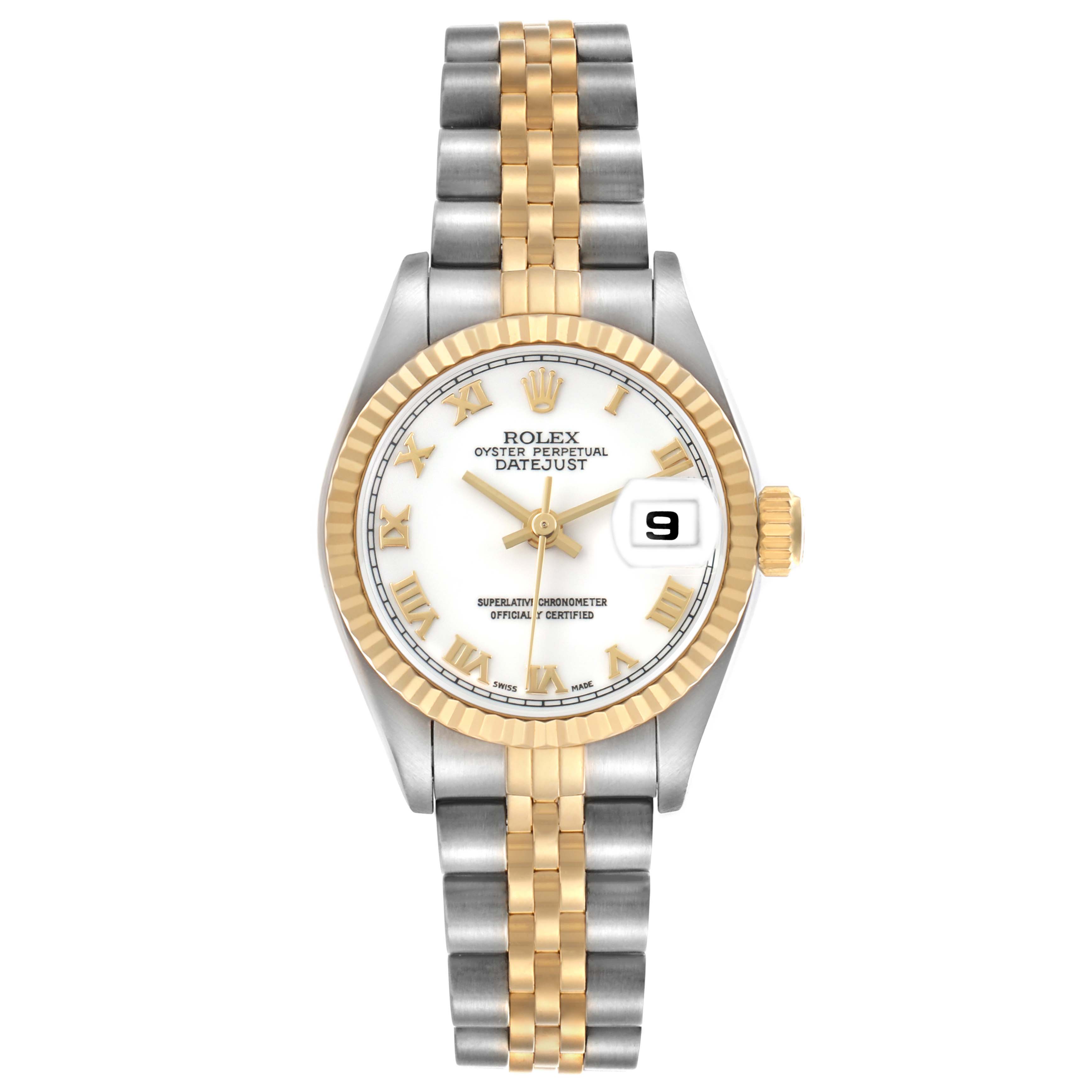 The Rolex Datejust 69173 Women's Steel and Gold (two tone) White Dial is shown from the front, displaying the face, bezel, and two-tone bracelet.