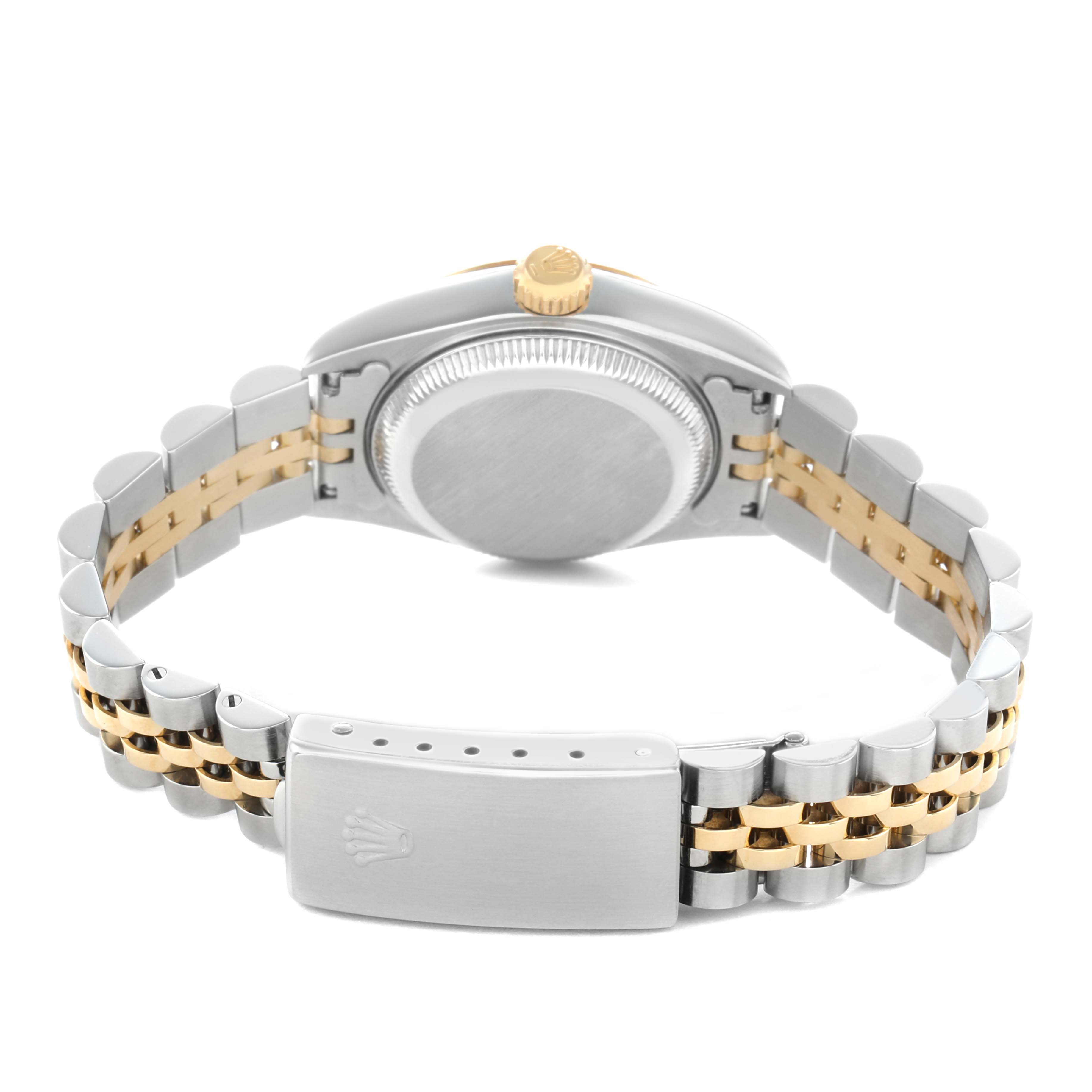 The image shows the back of a Rolex Datejust 69173 Women's Steel and Gold (two tone) White Dial watch, highlighting the case back, bracelet, and clasp logo.