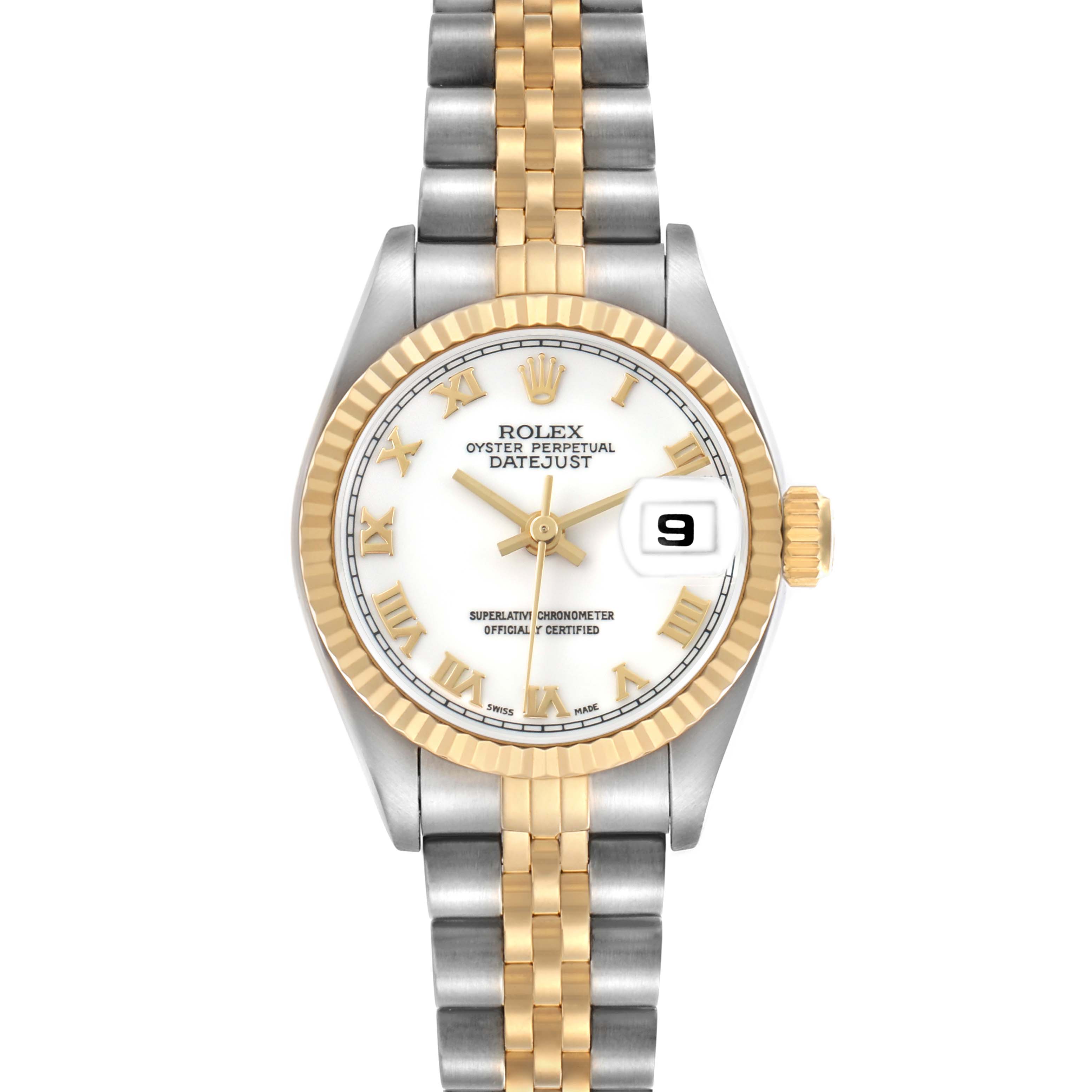 The Rolex Datejust 69173 Women's Steel and Gold (two tone) White Dial watch is shown from a top view, highlighting its face, bezel, crown, and two-tone bracelet.