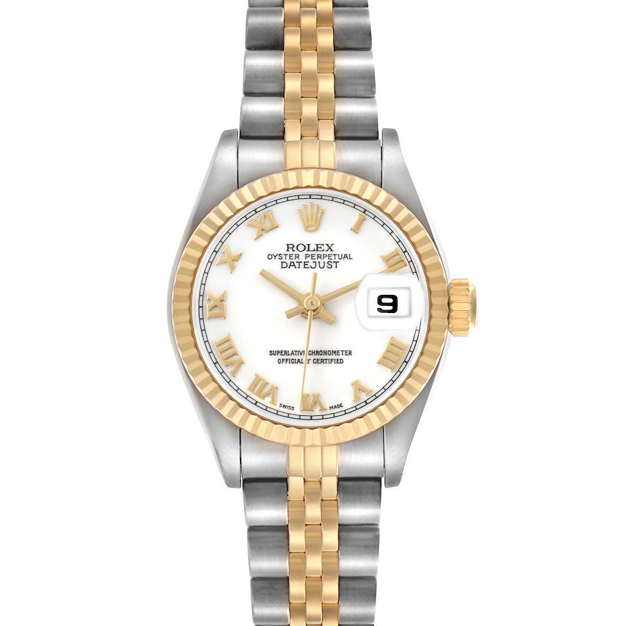 The Rolex Datejust 69173 Women's Steel and Gold (two tone) White Dial watch is shown from a top view, highlighting its face, bezel, crown, and two-tone bracelet.