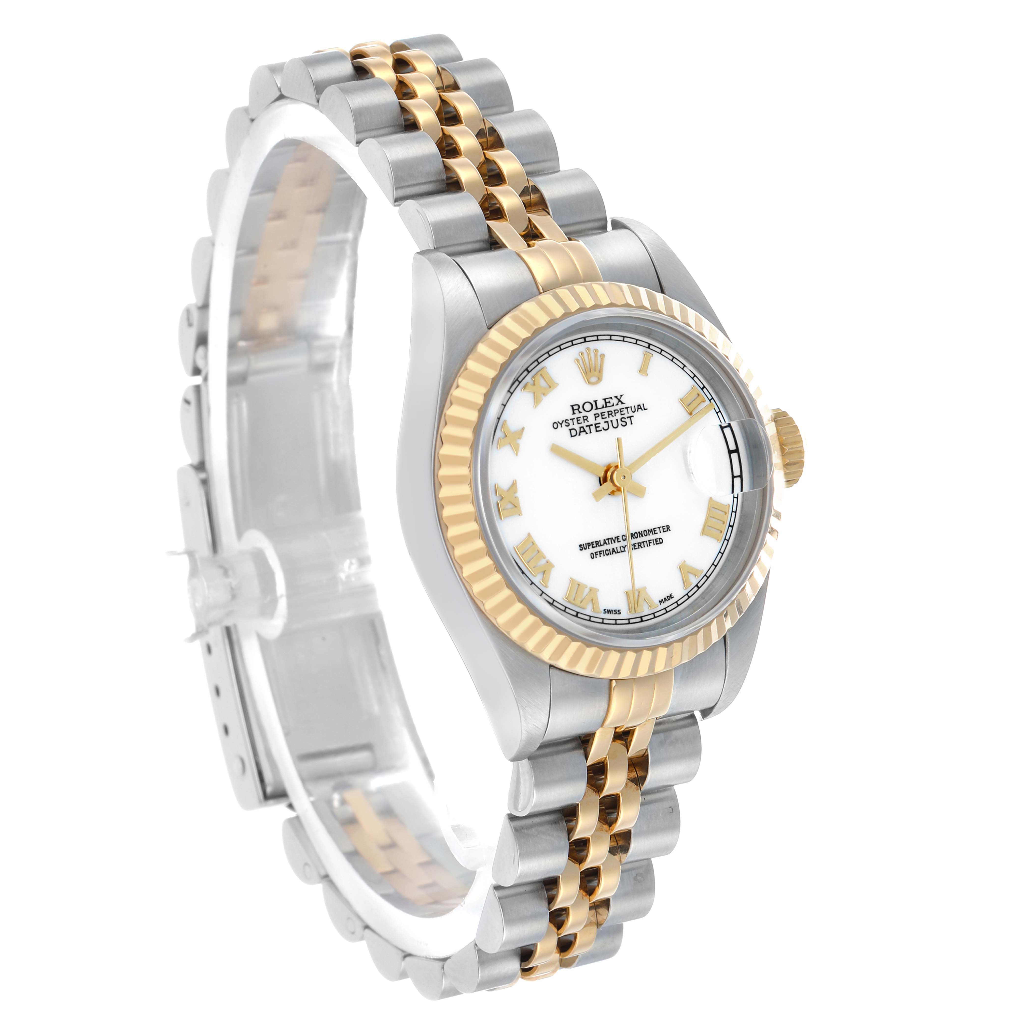 The Rolex Datejust 69173 Women's Steel and Gold (two tone) White Dial watch is shown at a front-side angle, highlighting the dial, bezel, crown, and two-tone bracelet.