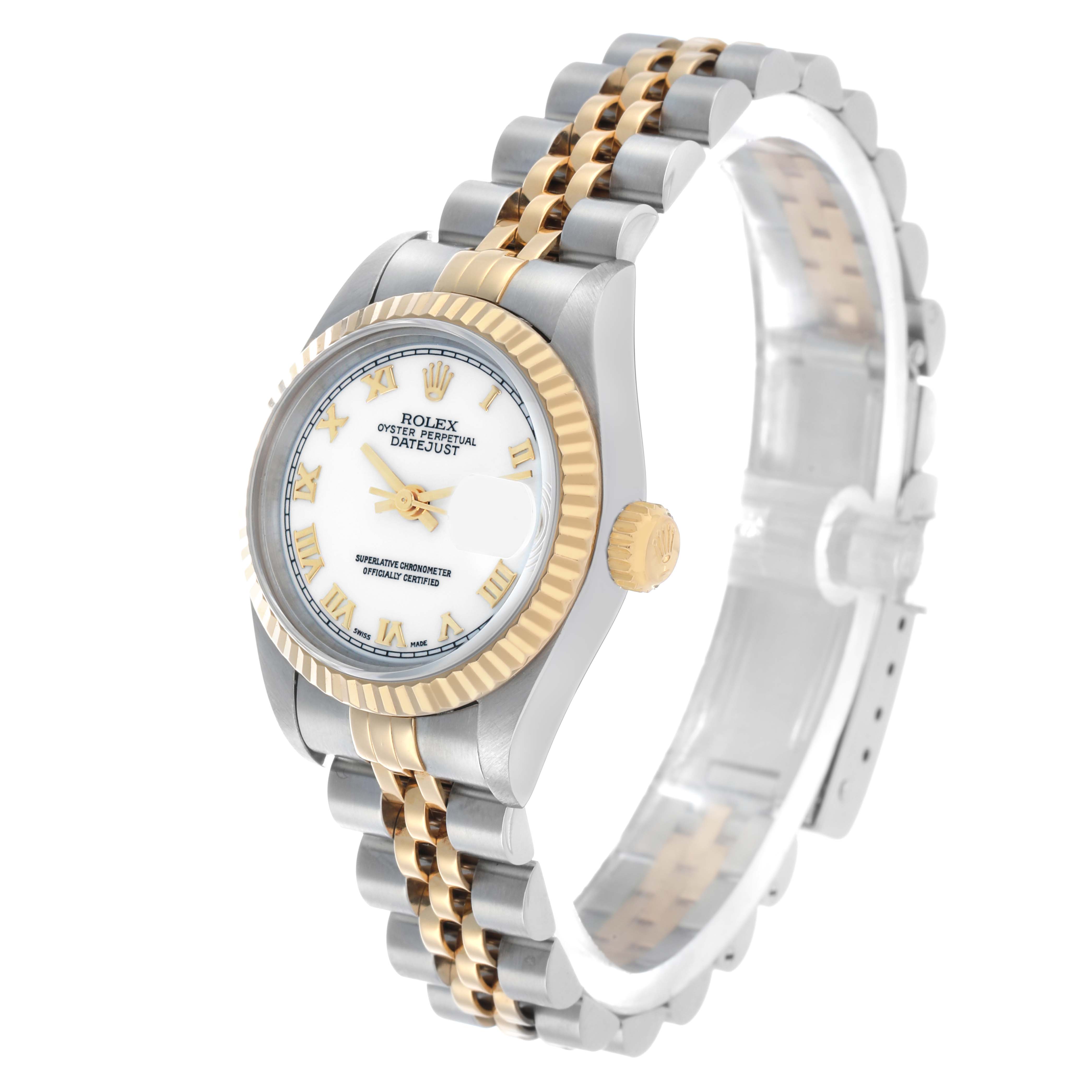 The Rolex Datejust 69173 Women's Steel and Gold (two tone) White Dial watch is shown at a three-quarter angle, highlighting its dial, bezel, crown, and two-tone bracelet.