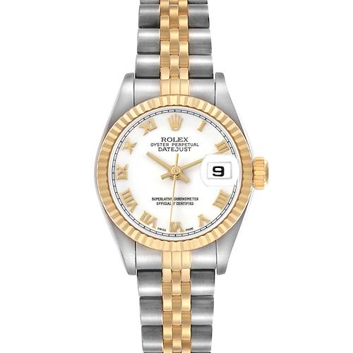 The Rolex Datejust 69173 Women's Steel and Gold (two tone) White Dial watch is shown from the front, displaying the dial, bezel, crown, and bracelet.