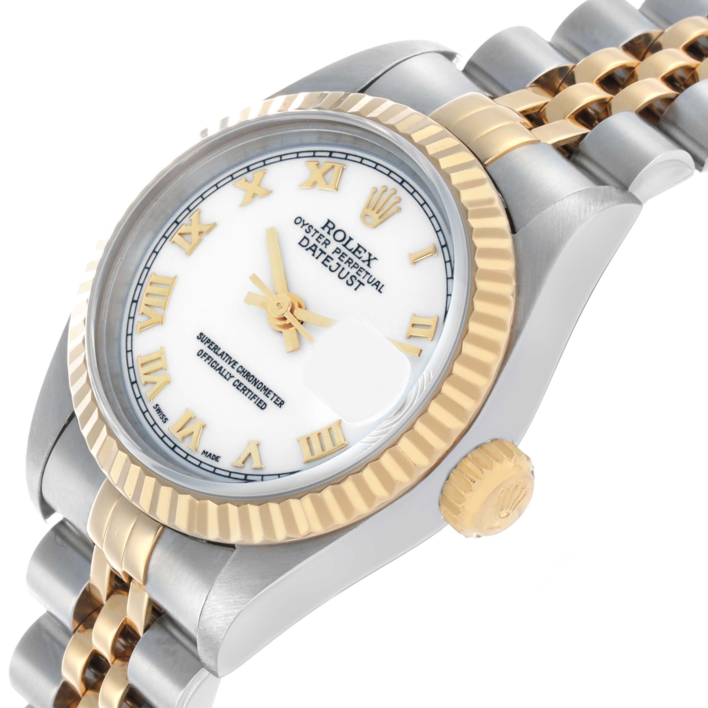 The Rolex Datejust 69173 Women's Steel and Gold (two tone) White Dial watch is shown at an angled view, highlighting its dial, bezel, crown, and jubilee bracelet.