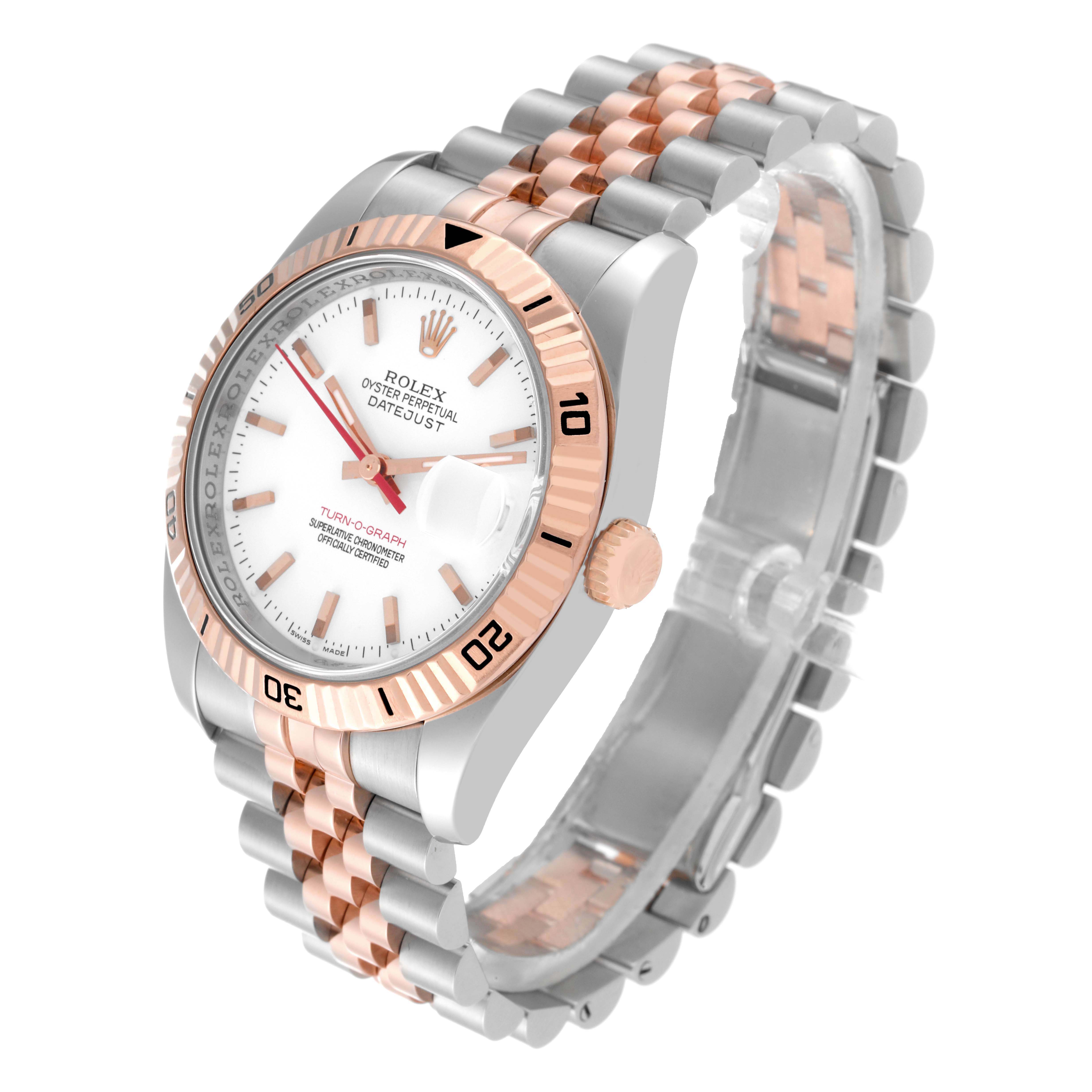 The Rolex Turn-o-Graph 116261 Men's Steel and Gold (two tone) White Dial watch is shown at an angled side view, highlighting the bezel, dial, and rose gold and silver bracelet.
