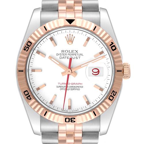 The Rolex Turn-o-Graph 116261 Men's Steel and Gold (two tone) White Dial watch is shown from the front, highlighting its bezel, dial, and part of the bracelet.