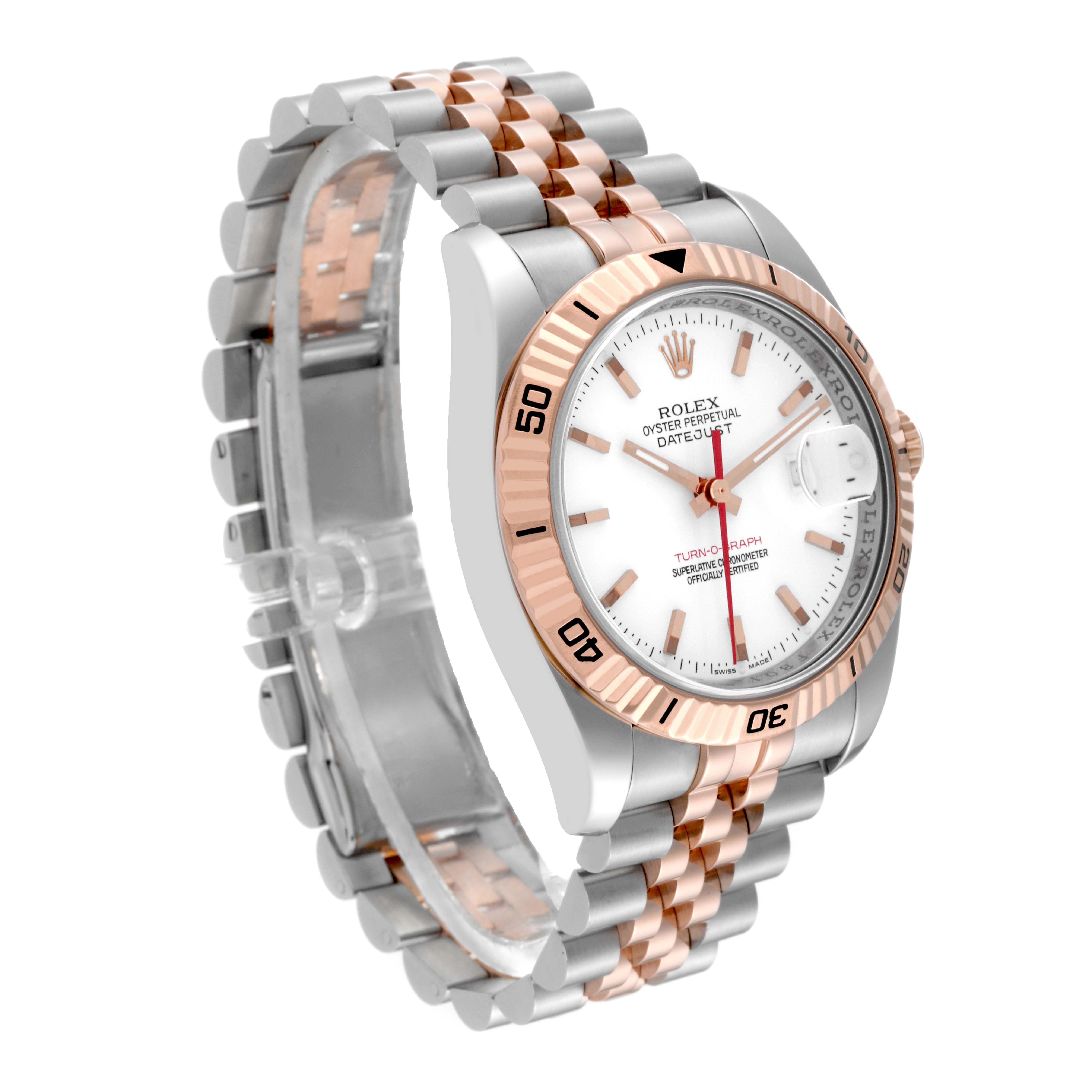 The Rolex Turn-o-Graph 116261 Men's Steel and Gold (two tone) White Dial watch is shown from a high front-left angle, highlighting its dial, bezel, and bracelet.