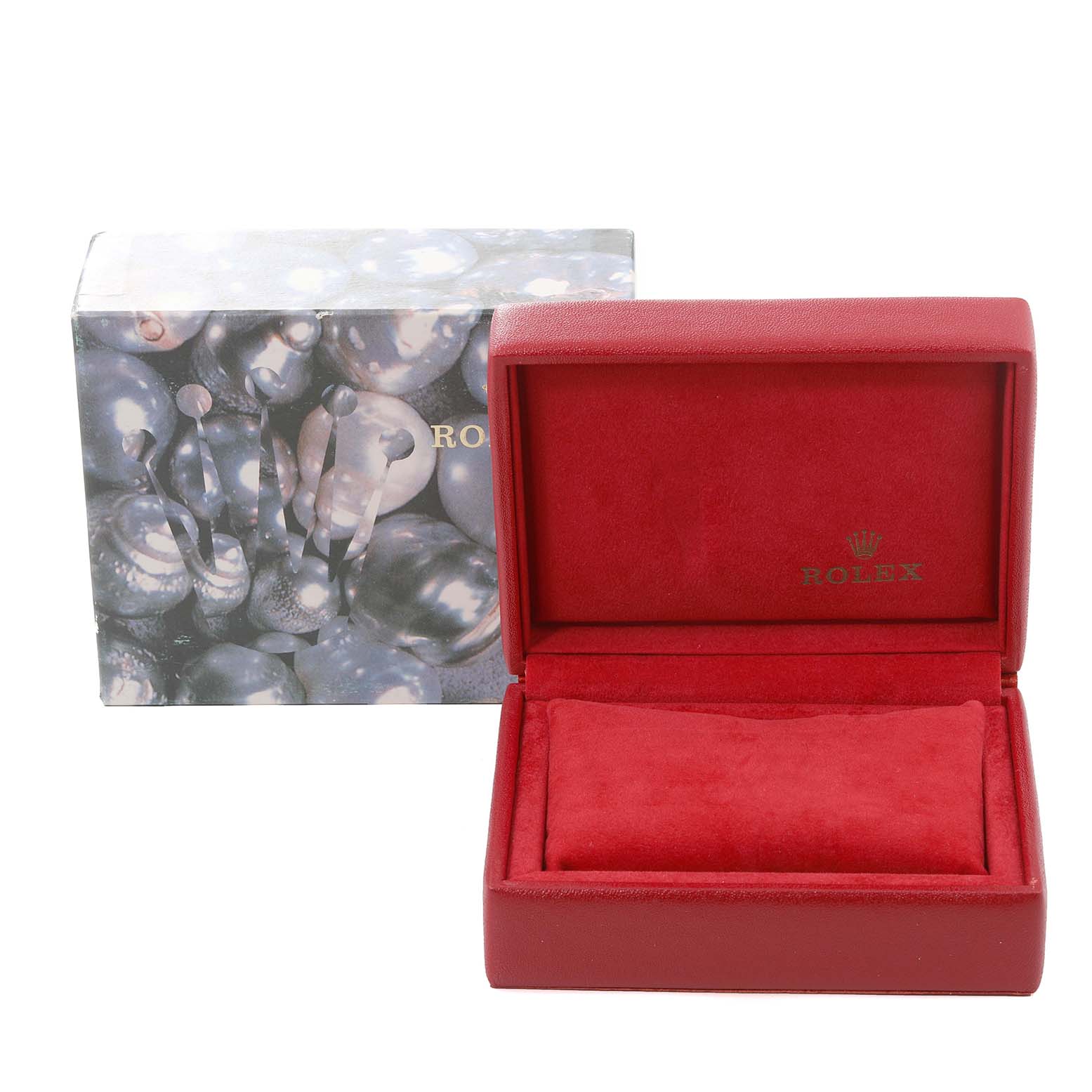 The image shows a Rolex Datejust 69173 Women's Steel and Gold (two tone) White Dial 69173 Women's Steel and Gold (two tone) White Dial watch box set, including an open red box and an outer box with the Rolex logo.