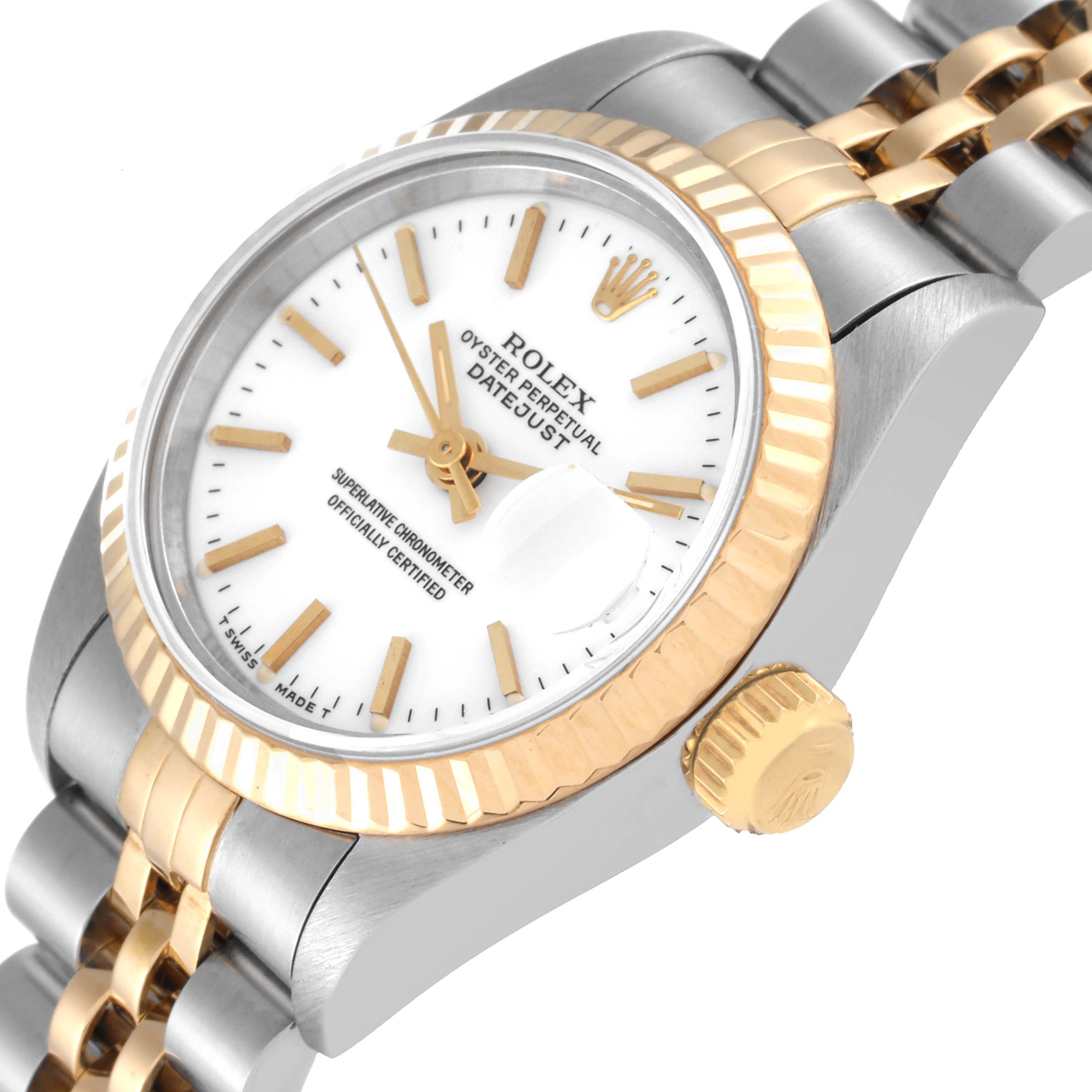 The image shows a close-up angled view of a Rolex Datejust 69173 Women's Steel and Gold (two tone) White Dial 69173 Women's Steel and Gold (two tone) White Dial watch, displaying the dial, fluted bezel, crown, and part of the bracelet.